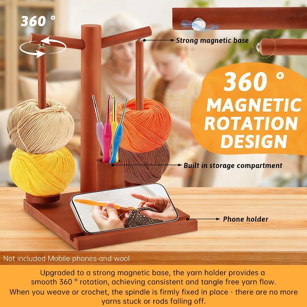 Yarn Holder for Crocheting and Knitting, 2-Spindles Magnetic Wooden Yarn Spinner Spool Rack with Phone Stand and Crochet Accessories Storage Cylinder, Gifts for Crochet Lovers(Color:Brown)
