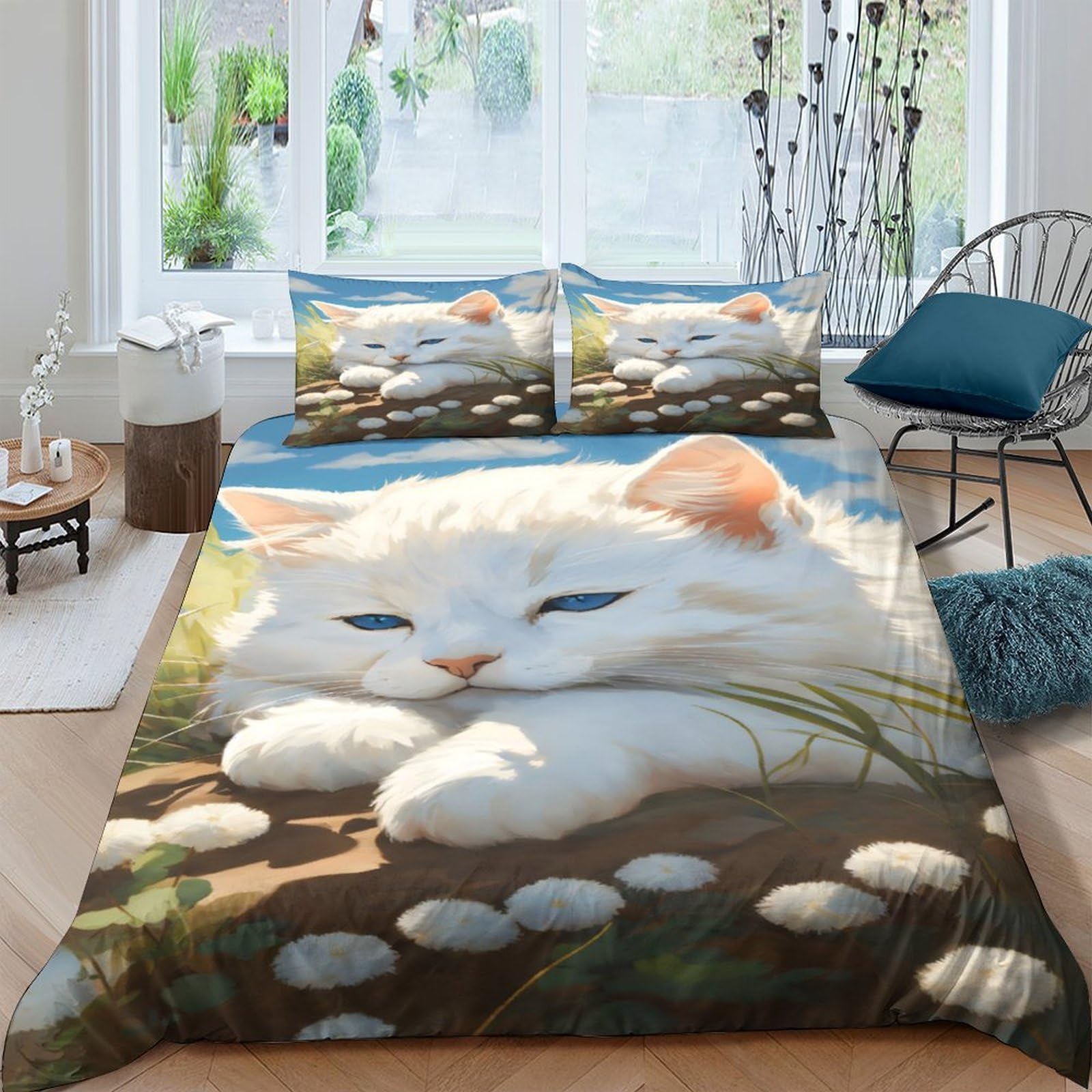 Ctjqhvkz Style-7 3D Printed White Cat Fitted Sheet Microfiber Soft Anti-Slip Blue Sky Bed Cover For Bedroom Guest Room Decor Single（135X200cm）