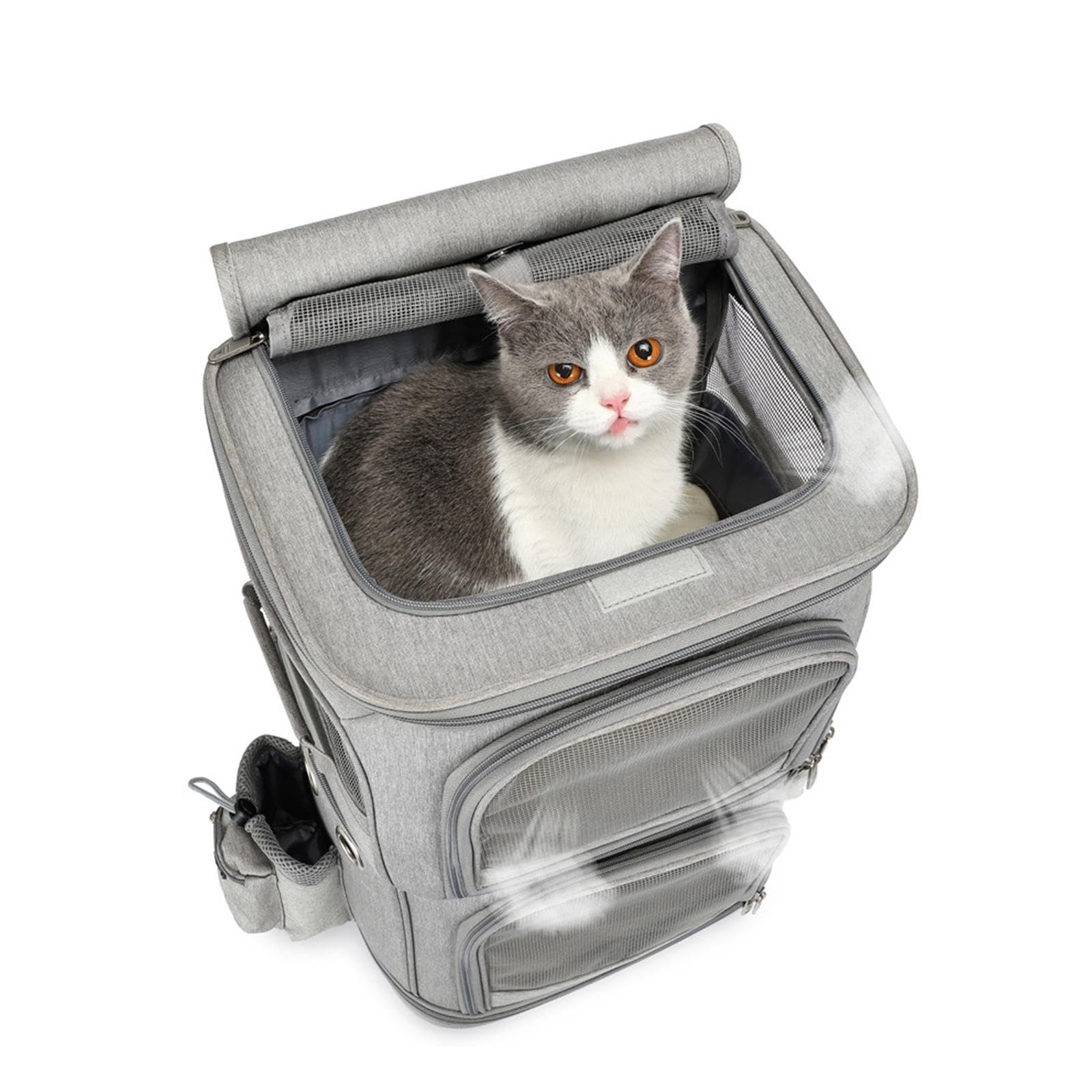 Großer Doppel Transportwagen für Zwei Katzen, ausgestattet mit Komfortfunktionen für unterwegs. Der per Knopfdruck arretierbare Griff ist höhenverstellbar. Hervorragende Belüftung.