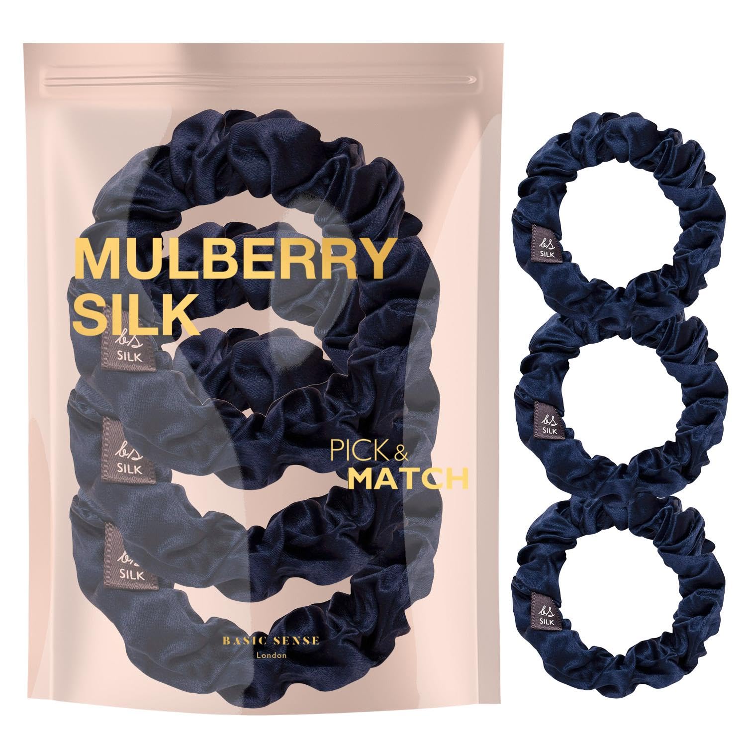 Basic Sense 3 PCS Pure Mulberry Silk Scrunchies for Women, Navy, 3 count (Pack of 1)