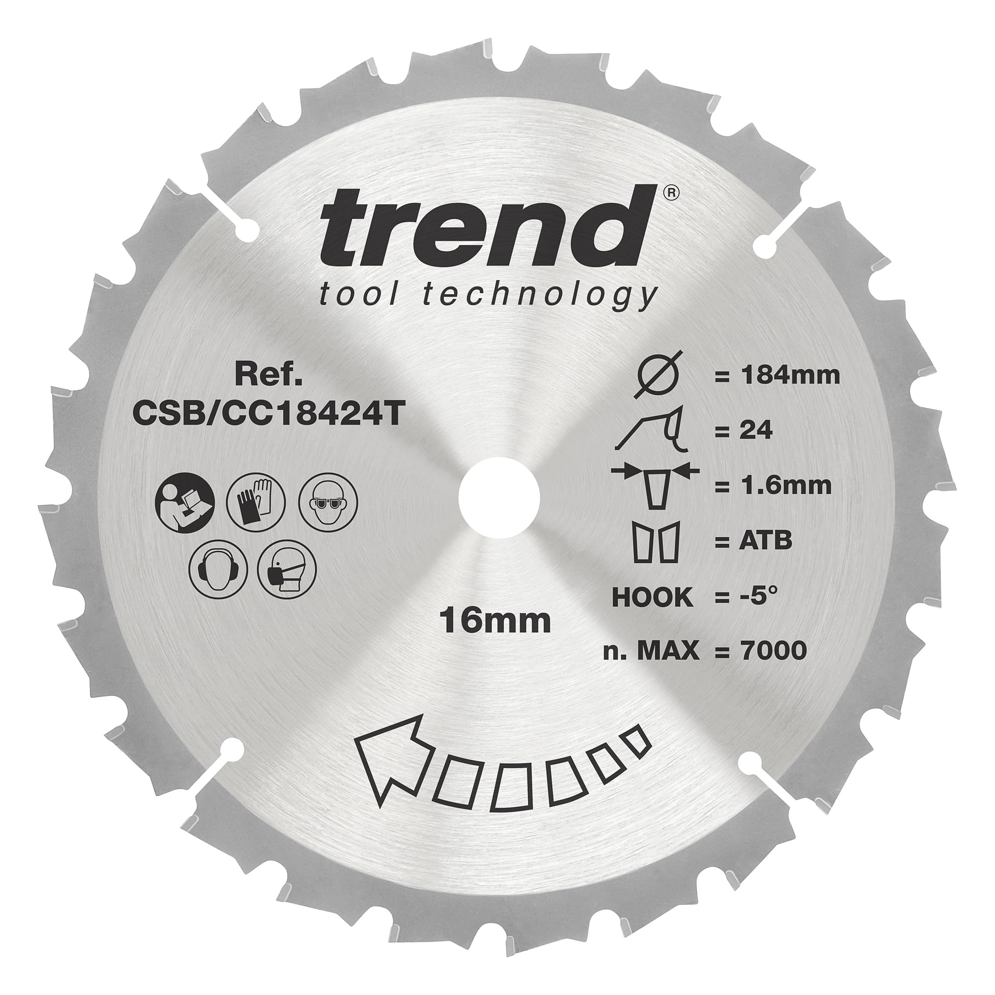 Trend Tungsten Carbide Tipped Wood Cordless Mitre Saw Blade, 184Mm Diameter, 16Mm Bore, 24 Teeth, 1.6Mm Kerf, -5° Hook, Tct, Medium Finish, Csb/Cc18424t