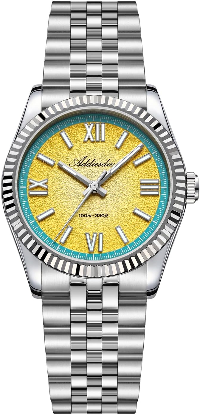 ADDIESDIVE Ultra-Thin Luxury Men Women Watches Kiwi Green/Lemon Yellow/Watermelon Red/Blue Dial Synthetic Sapphire Fluted Bezel VH Quartz Sweep Second Unisex Watch