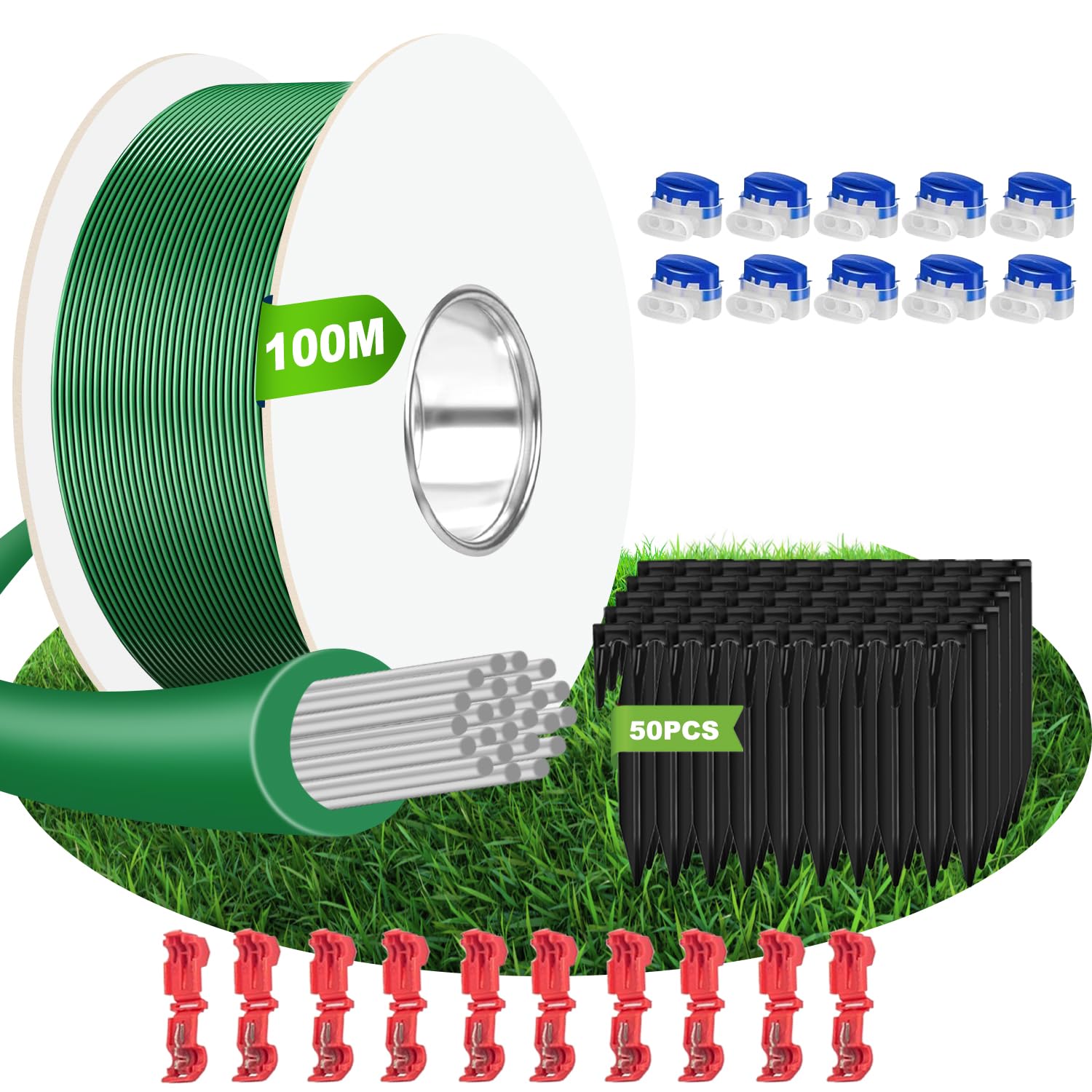 Yatosally 100m Begrenzungskabel Mähroboter + 50 Erdnägel + 10 Kabelverbinder + 10 Anschlussklemmen, Robustes Rasenroboter Kabelzubehör, Kompatibel mit Husqvarna, Bosch, Worx, Gardena, und mehr