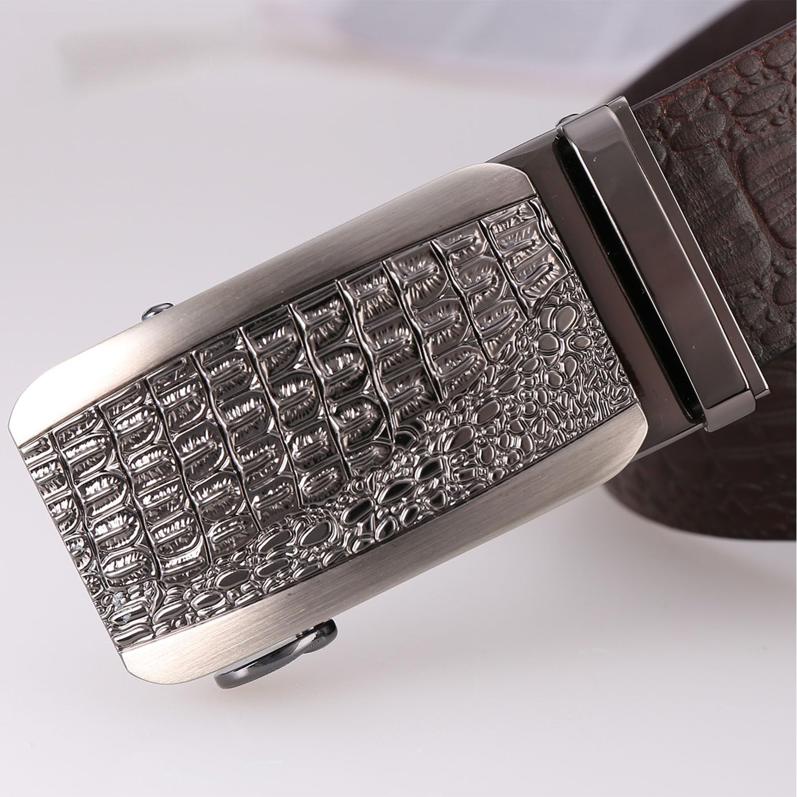 Cinturones Hombre Trinquete, Cinturones de Cuero Genuino Ajustable Negocio, Cinturón Lujo Casual Moda con Hebilla Metal Automática Grabada 3D en Aleación,Marrón,125CM/49.2''