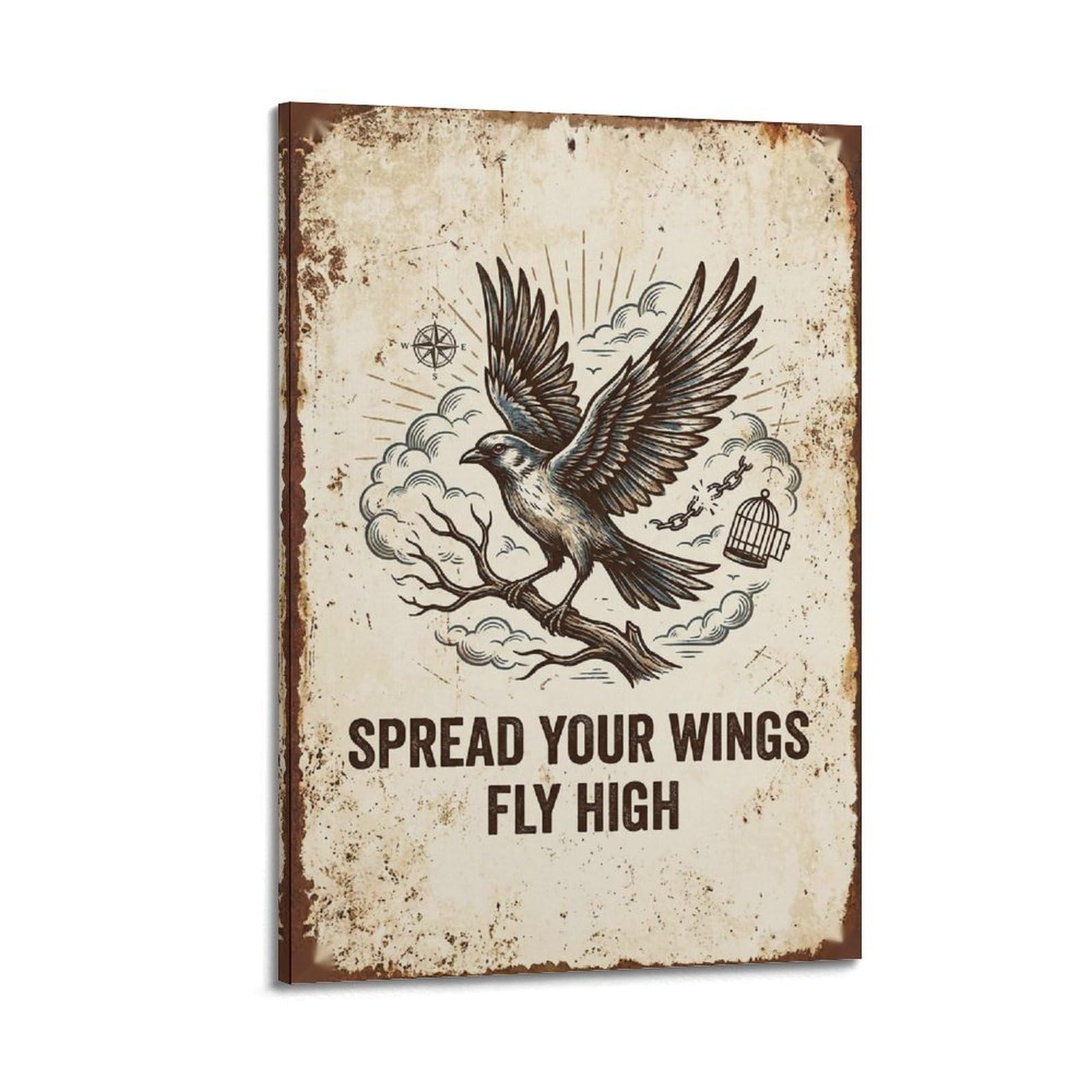 OKAHYS Rustic Quote Retro Vintage Poster Spread Wings Fly High Modern Decorative Canvas Prints - Ideal Wall Art for Family, Man Cave, Game Room, Boys & Girls Bedroom 24x36inch