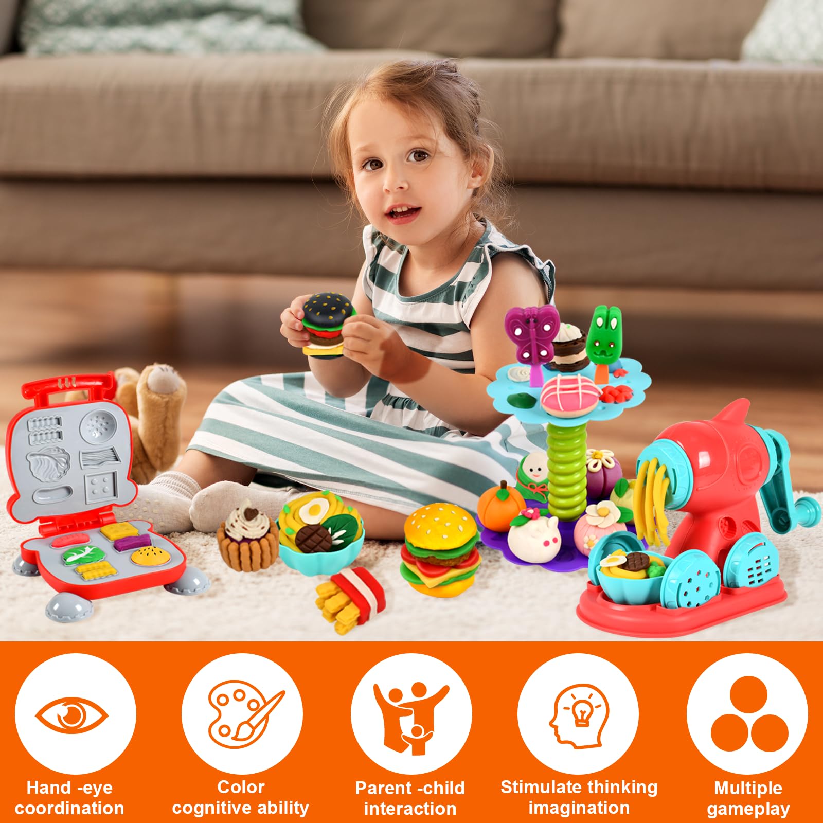 UCAMP Juego de Plastilina, 65 Piezas, Moldes y Accesorios para Crear Hamburguesas y Helados, con 12 Botes de Plastilina, Regalo a Partir de 3 Años, para Niños