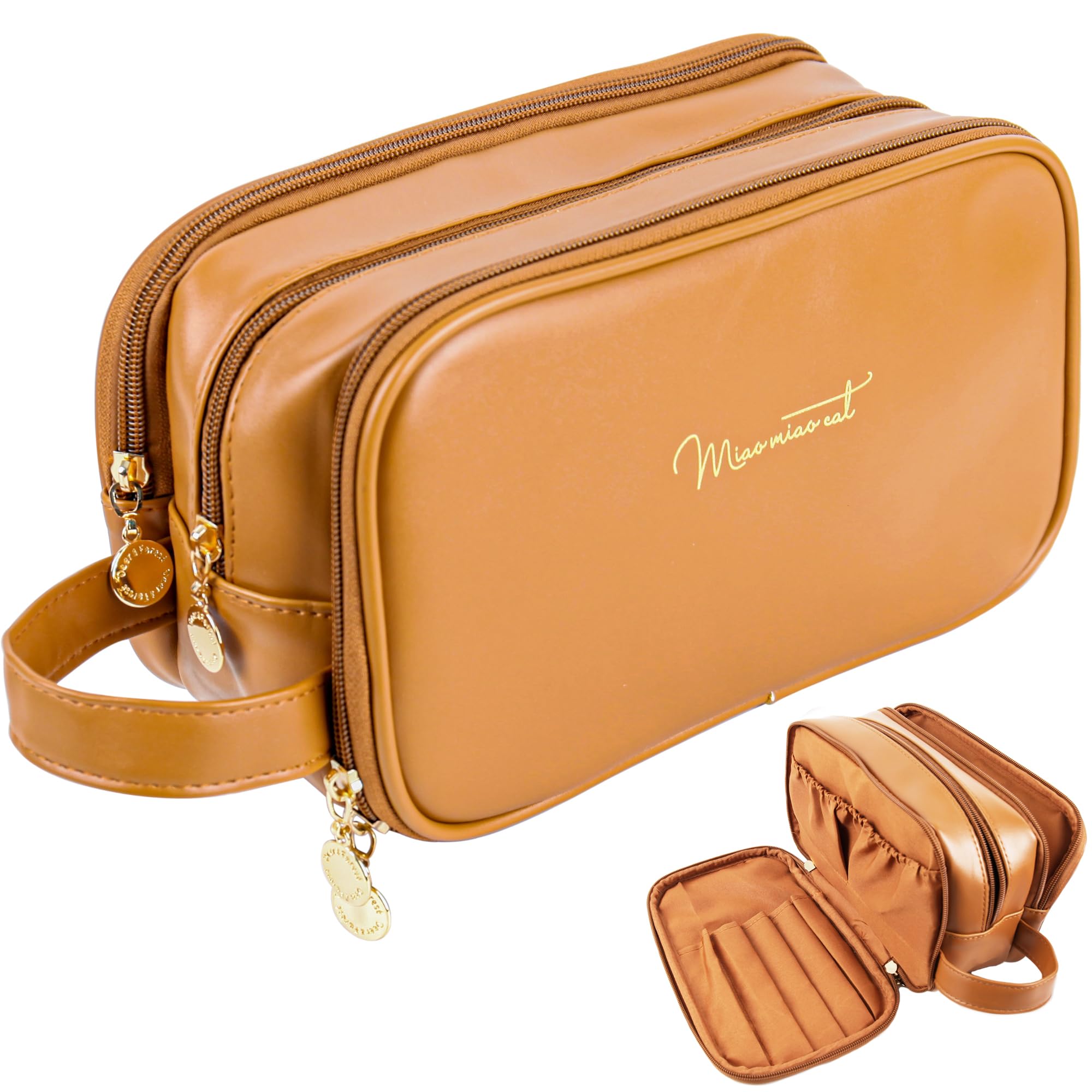 HorienTravel Makeup Bag for Women, Large Capacity PU Leather Cosmetic Bag with Compartments, Everything Make Up Bag With Handle, Cute Big Skincare Organizer Bag, Travel Essentials for Women, Brown