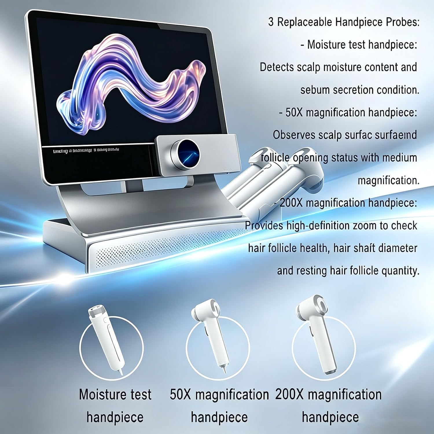 Analizador Profesional de Cuero cabelludo y Cabello con Pantalla HD de 15,6". Cabezales duales de 50x y 200x. Microscopio Digital para análisis de Cuero cabelludo y Piel.