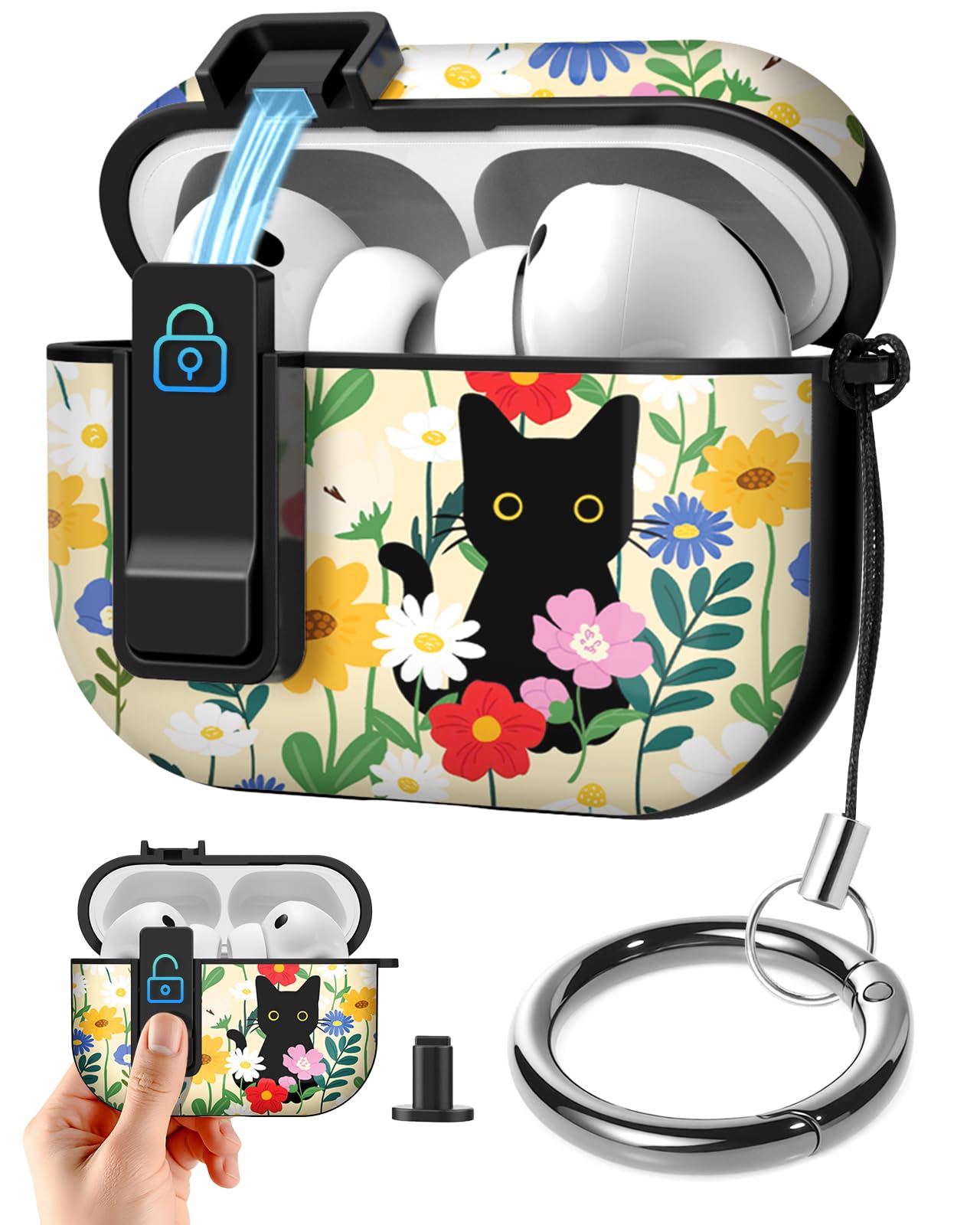 Photo 1 of [AIRPODS NOT INCLUDED, JUST FOR SHOW] Joyleop for Airpods Pro 3 Case - with Safety Lock Cute Women Girl Girly Asethetic Pretty Design Hard Shock Protective Cover with Keychain for Airpods Pro 3rd Gerneration 2025,Black Cat