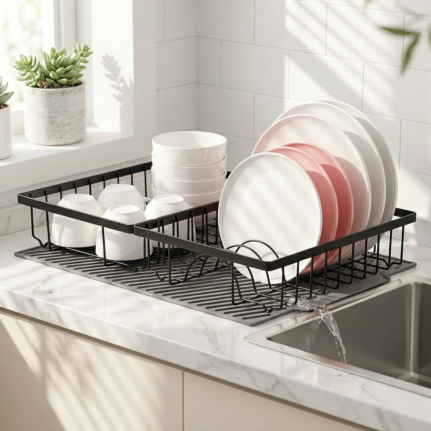 ROFAY Modular Dish Drying Rack with Silicone Mat, 2-Piece Extendable Metal Dish Drainer for Kitchen Counter, Rust-Proof Plate Organizer & Small Bowl Rack with Built-in Drainage Spout, Black