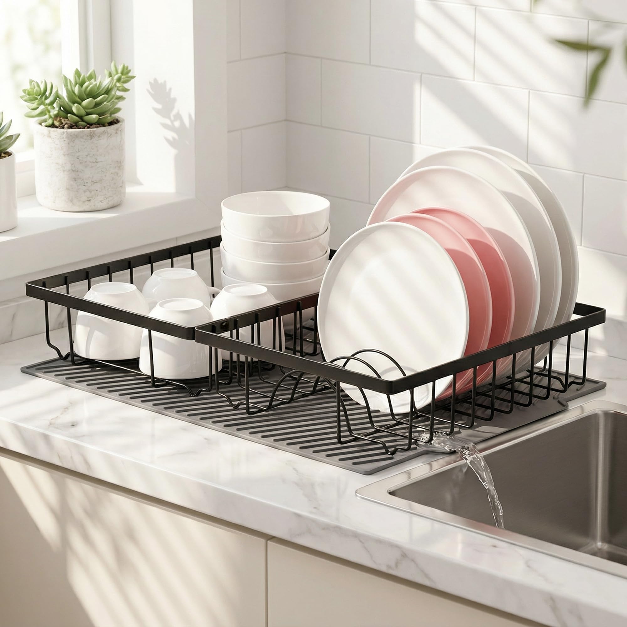 ROFAY Modular Dish Drying Rack with Silicone Mat, 2-Piece Extendable Metal Dish Drainer for Kitchen Counter, Rust-Proof Plate Organizer & Small Bowl Rack with Built-in Drainage Spout, Black
