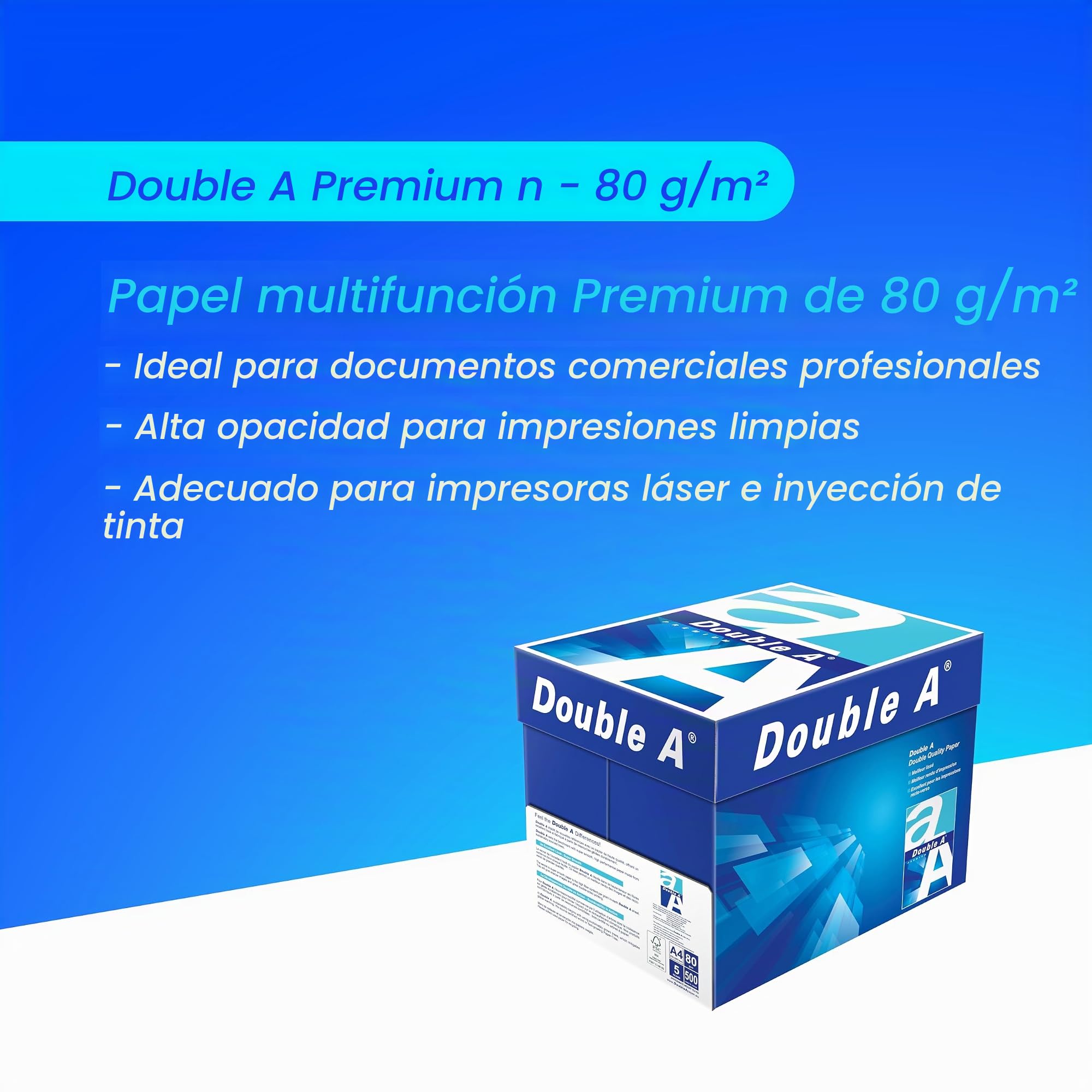 Double A Premium - Papel para imprimir (formato A4, 80 g/m², 2.500 hojas), color blanco