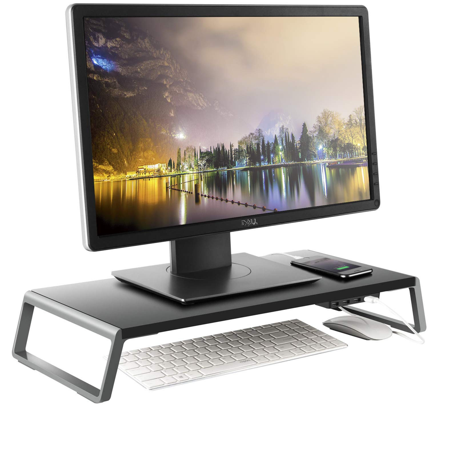Monitor Stand Riser with USB Ports,Aluminum Computer Riser Support Transfer Data Keyboard Storage Desk Organizer for Laptop,Computer,iMac,Printer, BH-001, Sky-black