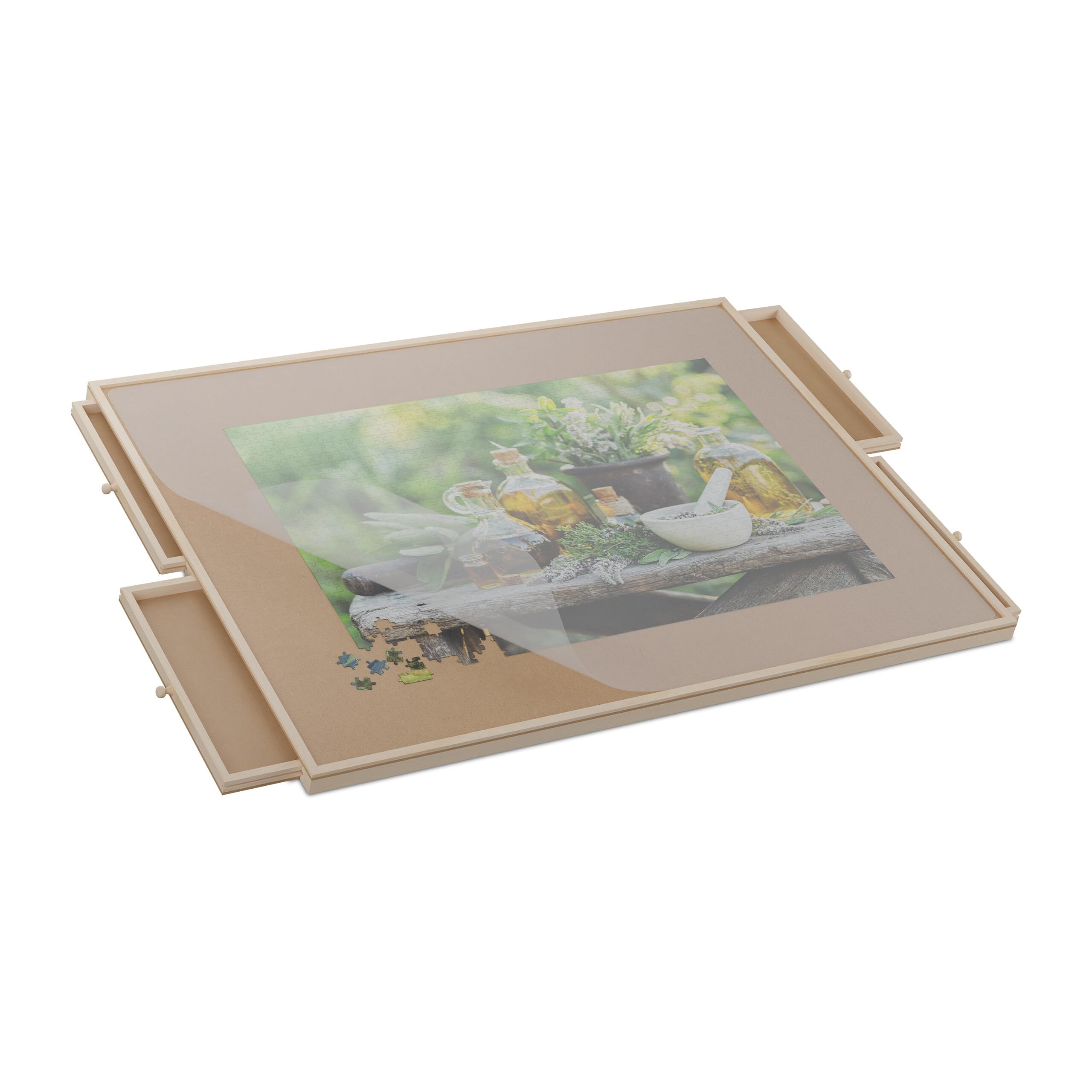 Relaxdays Tavola Porta Puzzle 1500 Pz., Vassoio Inclinabile e Rotante con 4 Cassetti, Tavolo da Gioco in Legno, Naturale