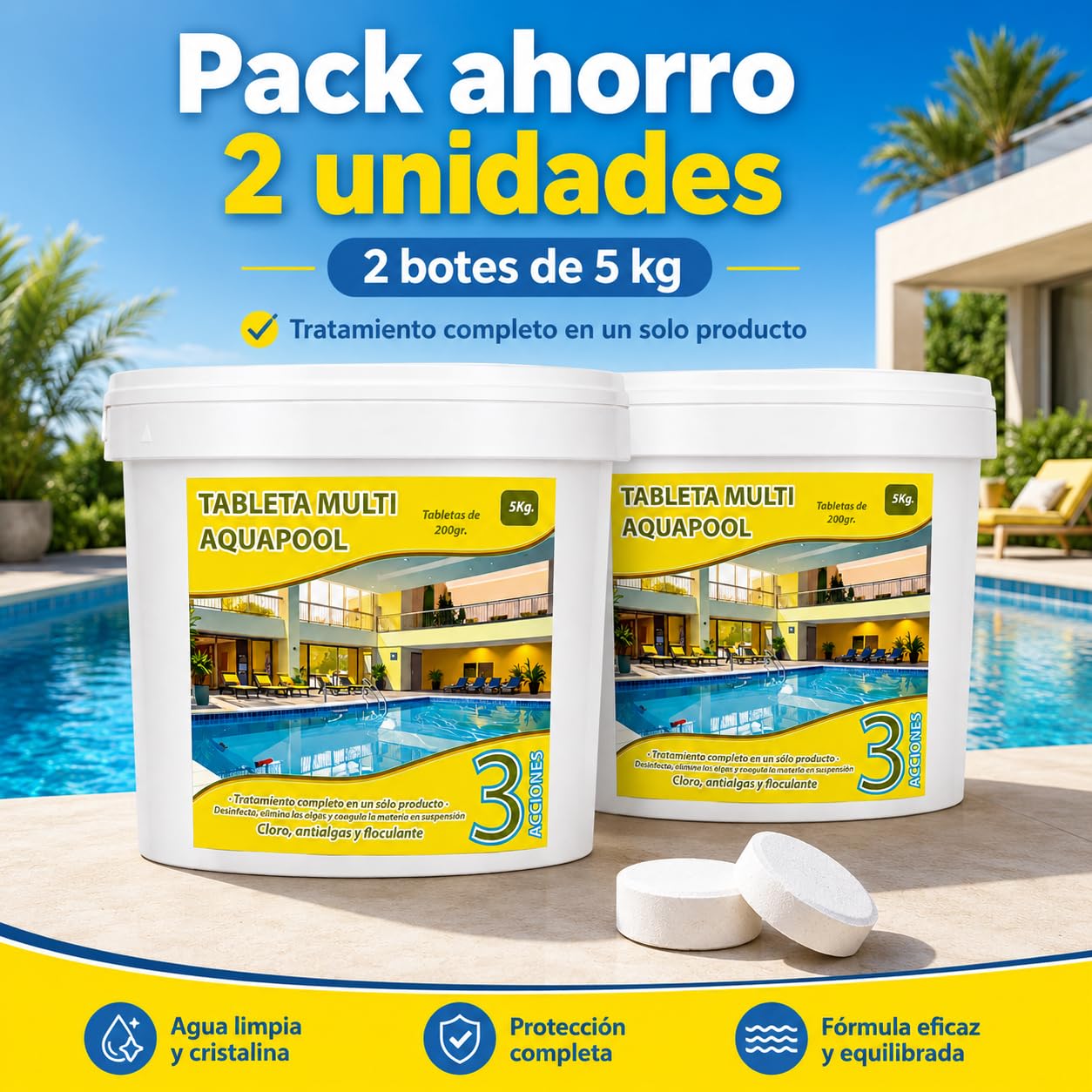 Pack Ahorro 2x5 Kg De Pastillas De Cloro Multifunción Aquapool | 200 G Cada Una | Disolución Lenta | 5 Acciones: Desinfectante, Alguicida, Bactericida, Floculante Y Estabilizante PH | Apto Para Piscinas De Liner | Fabricado En España