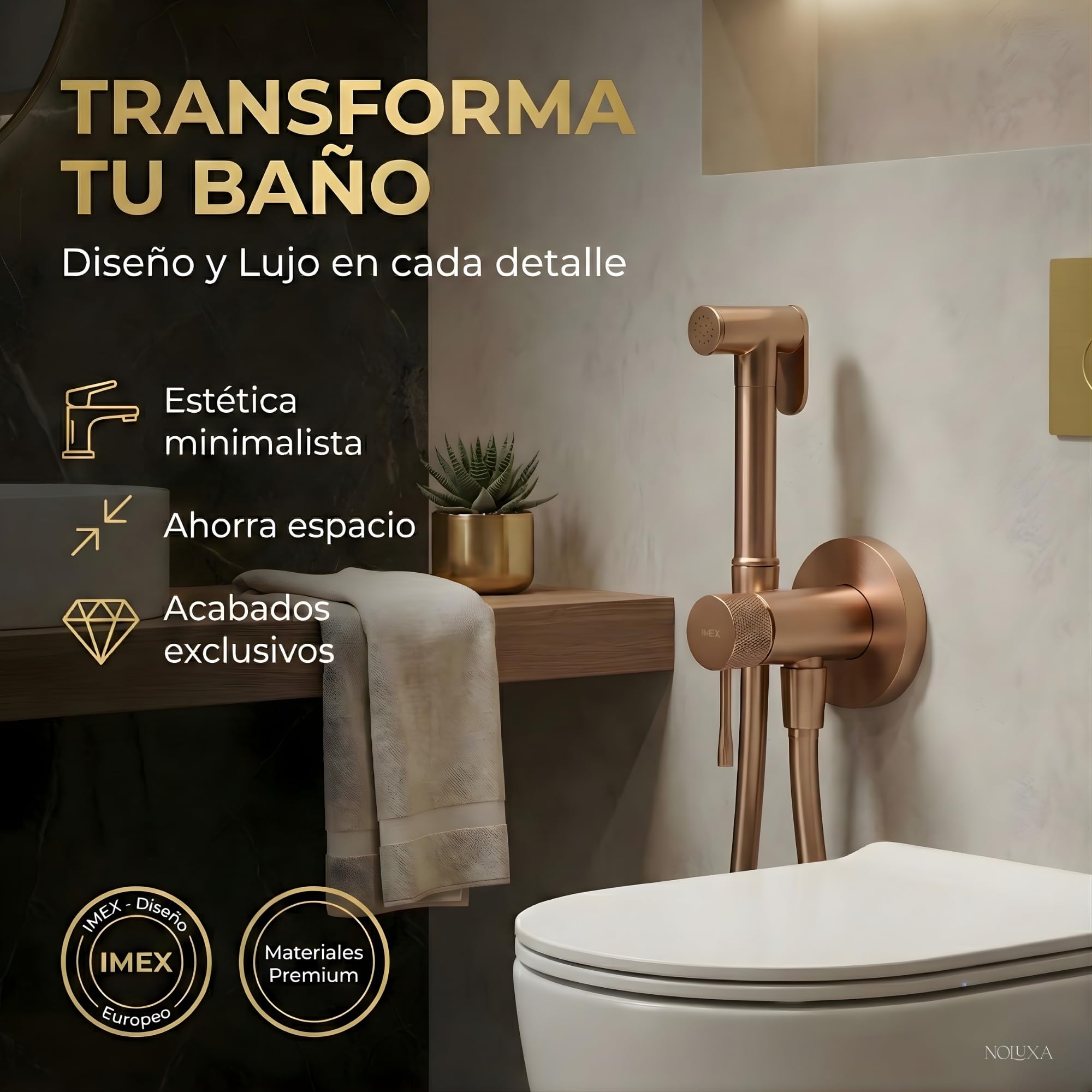 IMEX - Ducha Bidet Agua Fría y Caliente Color Oro Rosa Cepillado | Grifo Bidet Empotrado para WC | Ducha Higiénica Monomando para Inodoro | Grifería Sustituto de Bidé | Serie Line