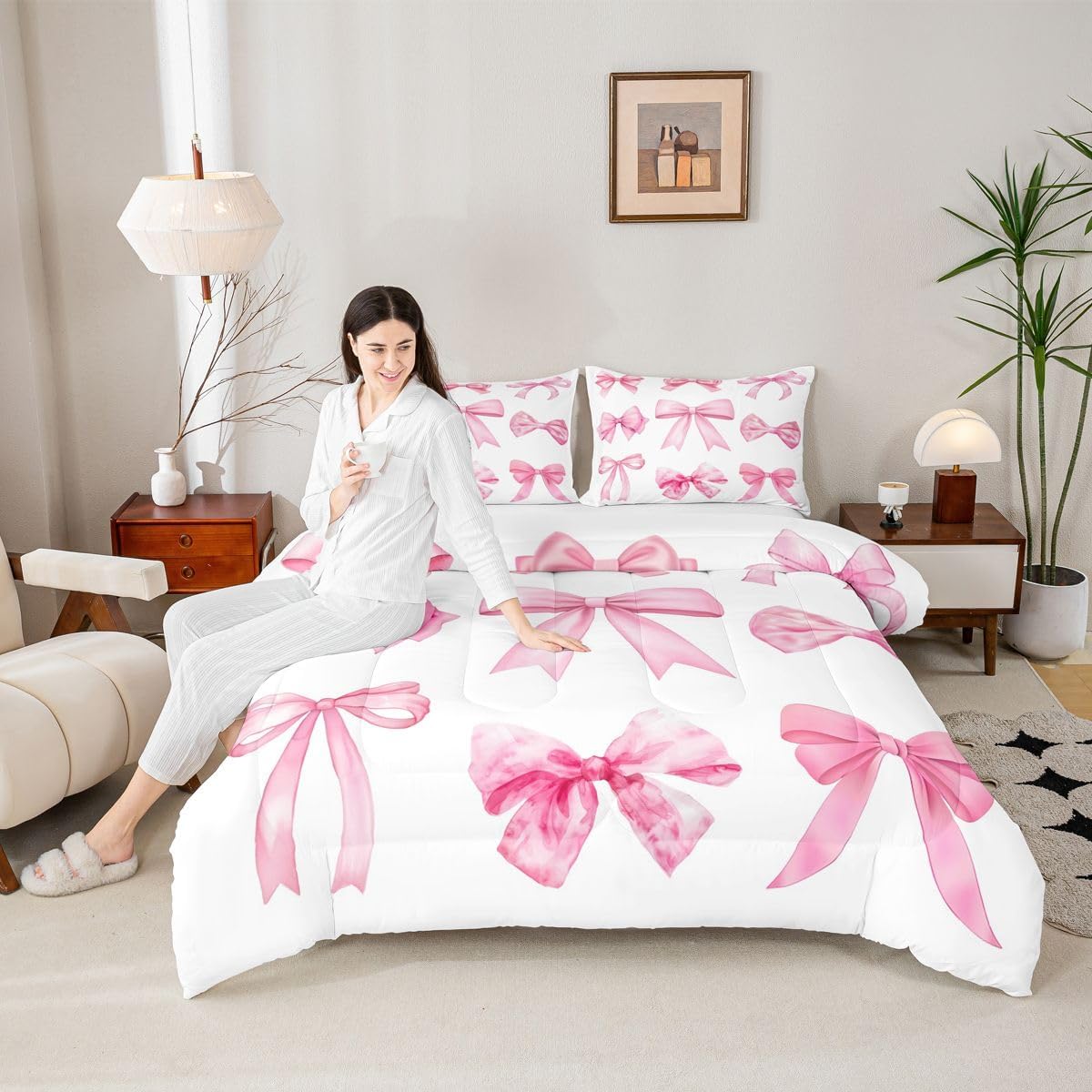Feelyou Cute Bow Comforter Set Full Size Kawaii Pink Bowknot Bedding Set for Kids Boys Girls Dreamy Princess Duvet Quilt Bedroom Decor Microfiber 3 Pcs with 2 Pillow Cases