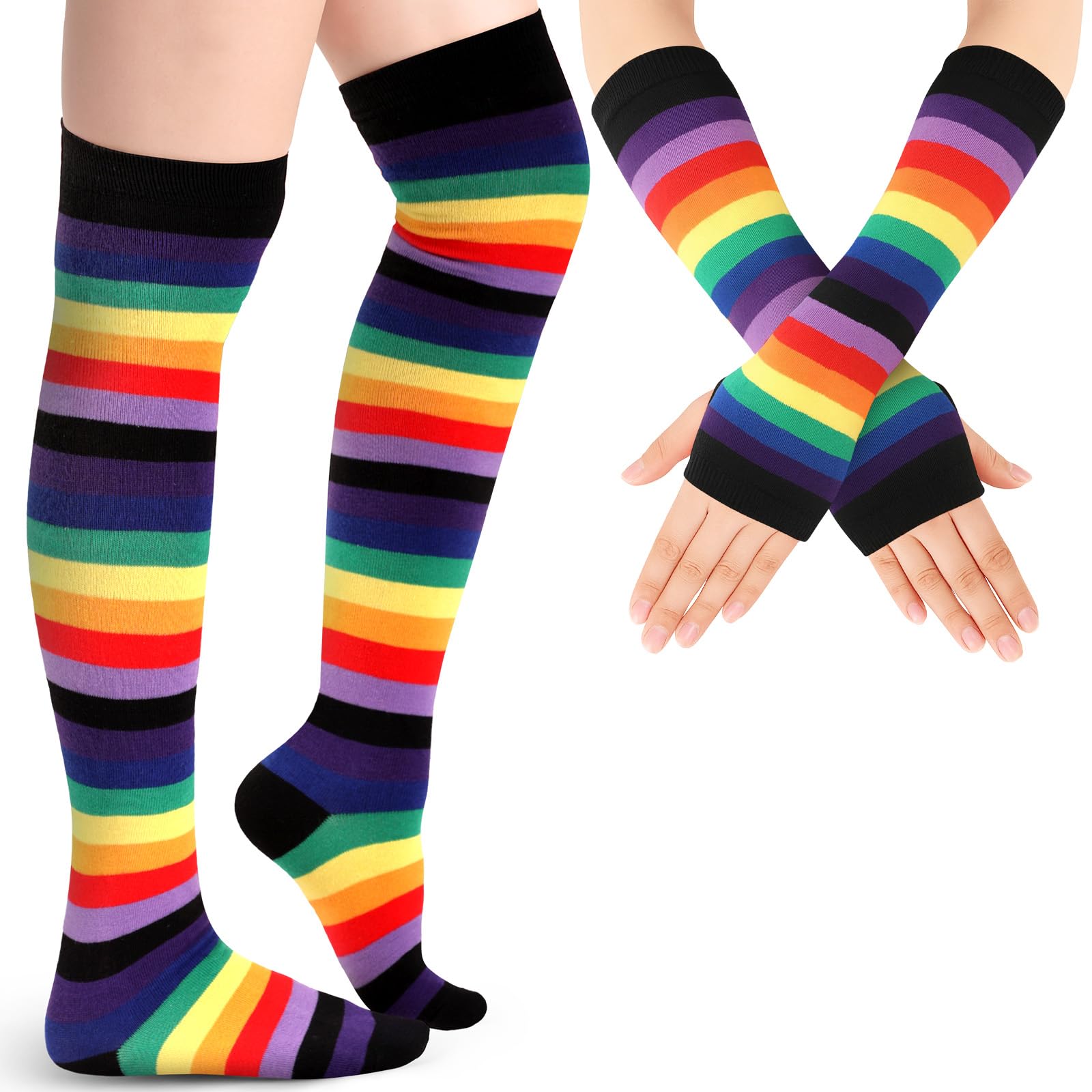 Geyoga Striped Arm Leg Warmers Set Fingerless Gloves