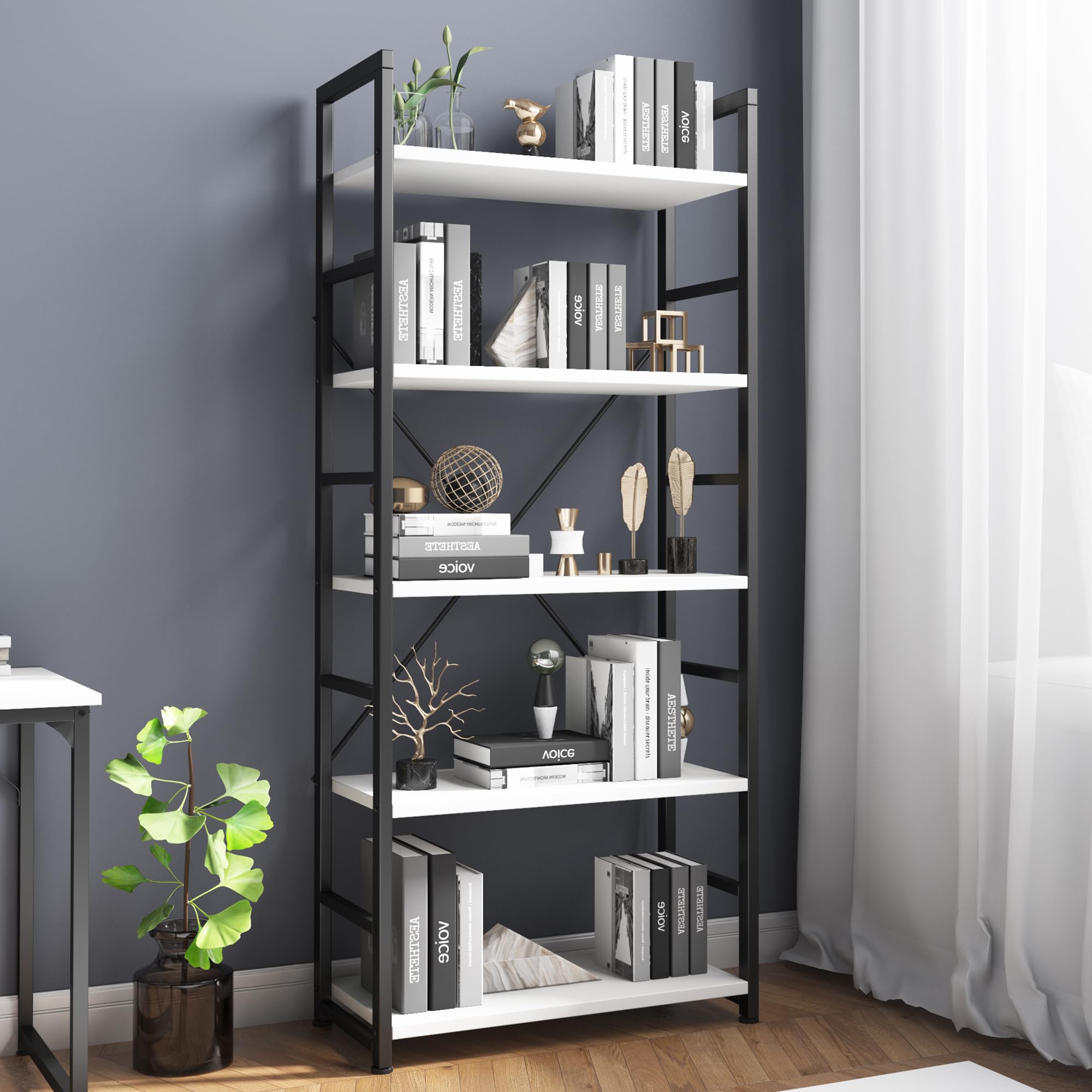 COTUBLR 5 Tier Bookshelf 24 Inch Bookcase Book Shelf Organizer Modern Tall Bookshelf Book Case Ladder Bookshelves Book Storage for Bedroom, Living Room, Home Office, Kitchen (White)