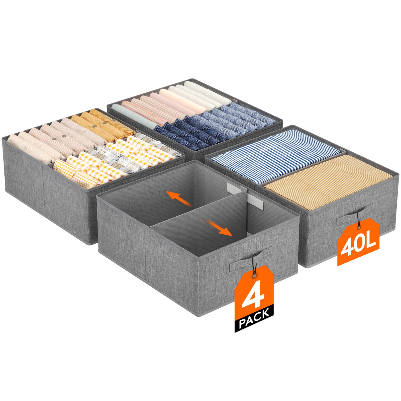Lifewit 4-Pack Składany Zestaw do Przechowywania z Podziałem, Pudełko Organizacyjne z Uchwytem na Ubrania, Zabawki Pościelowe, Wiadro do Szafy Sypialni i Szafki na Akta Biurowe, 50x40x20 cm