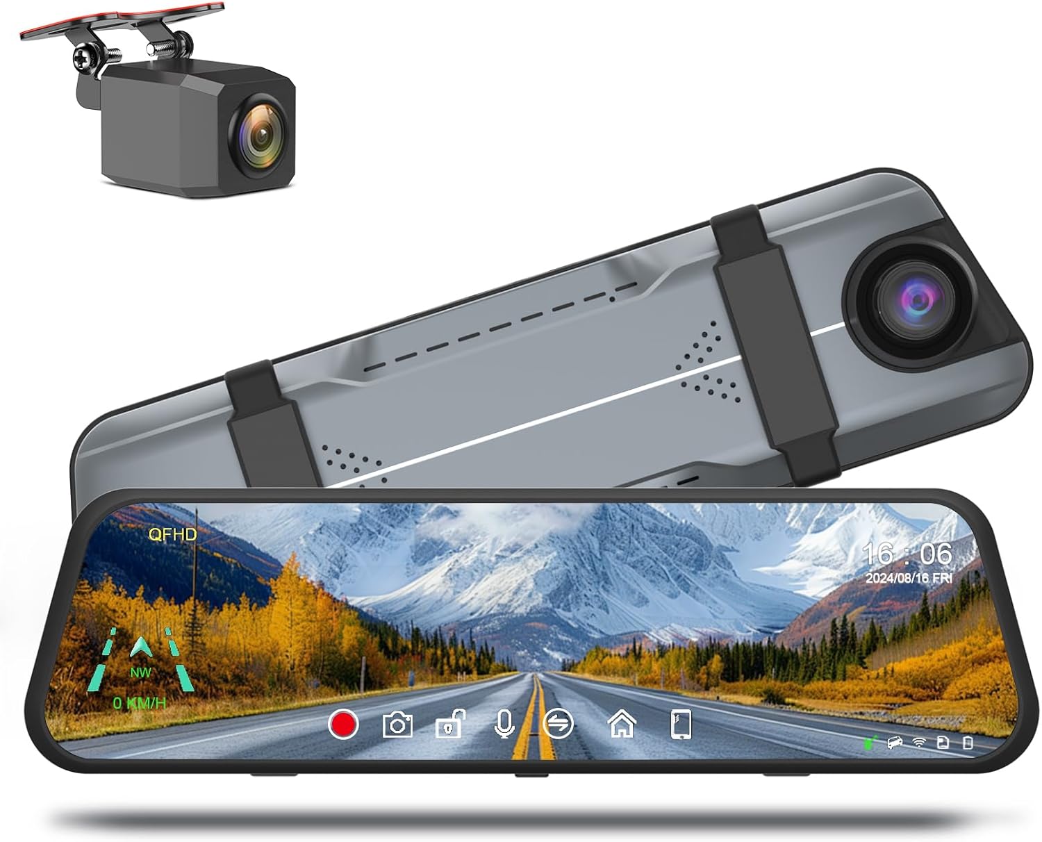 Mirror Dash Cam, 4K Front and 1080P Rear Recording 9.66 Inch Full Touch Display FM Emission Night Vision Parking Assistance, Compatible with Apple Carplay and Android Auto