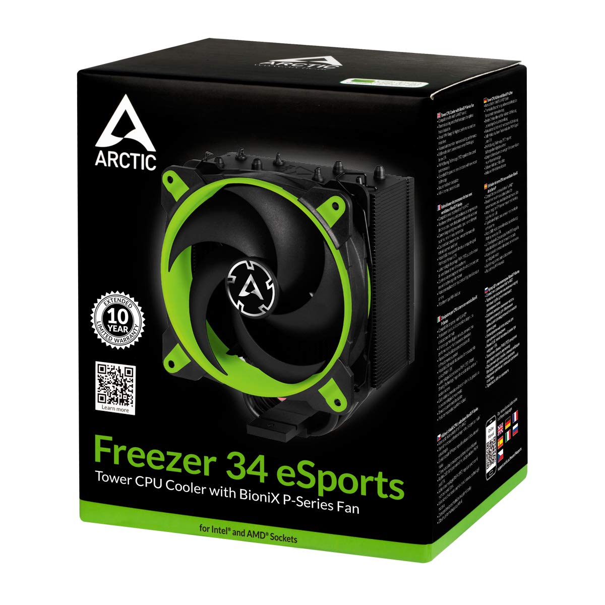 ARCTIC Zamrażarka 34 eSports - chłodziarka procesora wieżowego z wentylatorem obudowowym BioniX serii P, wentylator PWM 120 mm, do gniazda Intel i AMD, do procesorów do 200 W TDP, zielona