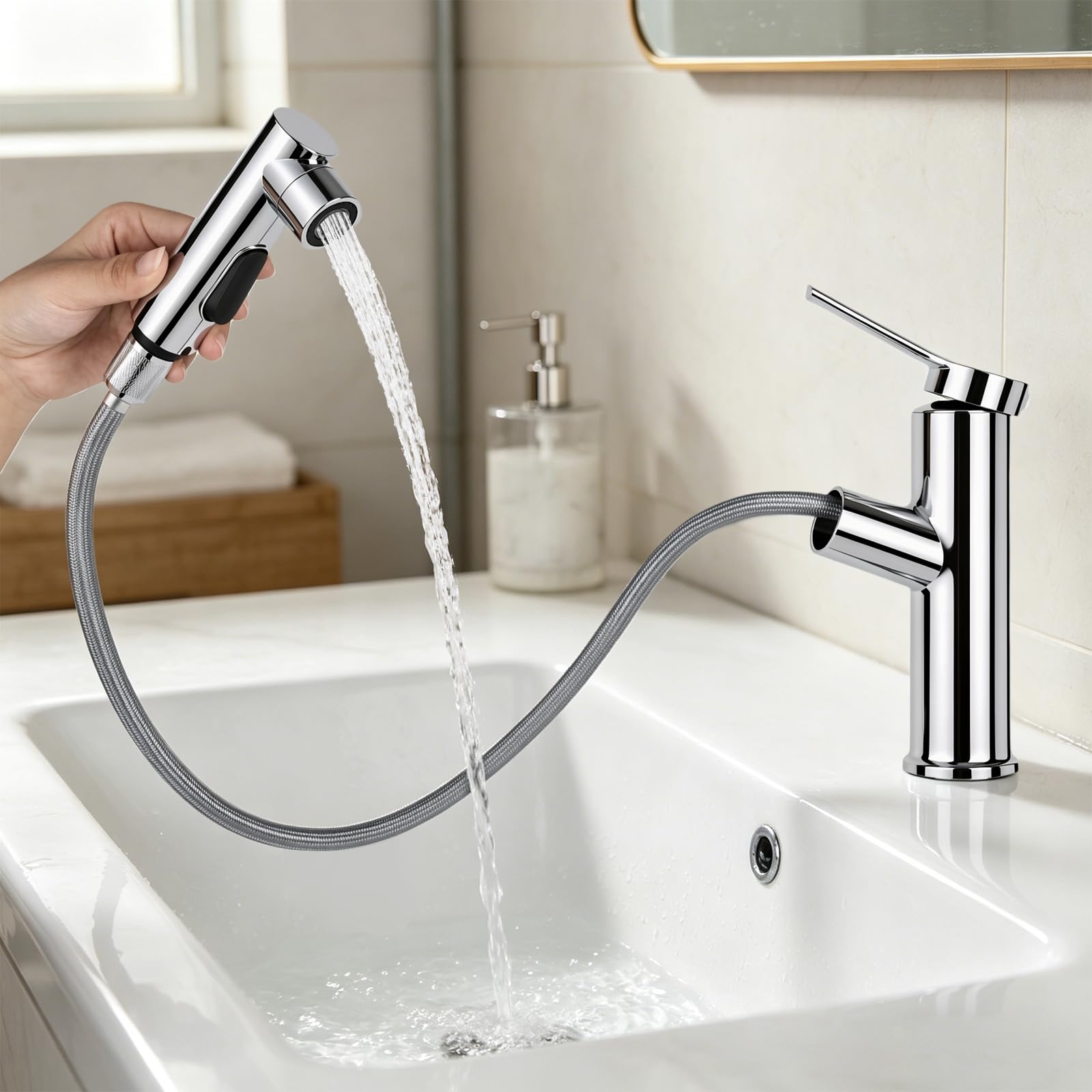 Grifo de baño con ducha extensible, grifo de lavabo de alta presión, grifo monomando con 3 tipos de chorro, adecuado para el baño, color plateado claro