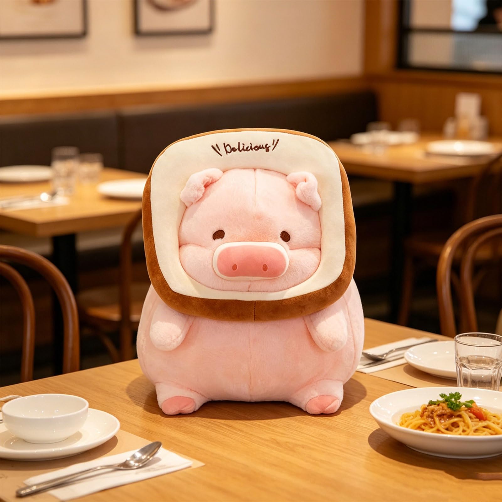 Rundes Toast Schwein Plüschtier, 30/35/45cm rosa Schwein Kuscheltier mit abnehmbarem Brotkranz und Delicious Stickerei, lustiges Ferkel Stofftier für Kinder, als Dekokissen und Geschenk (45 cm)