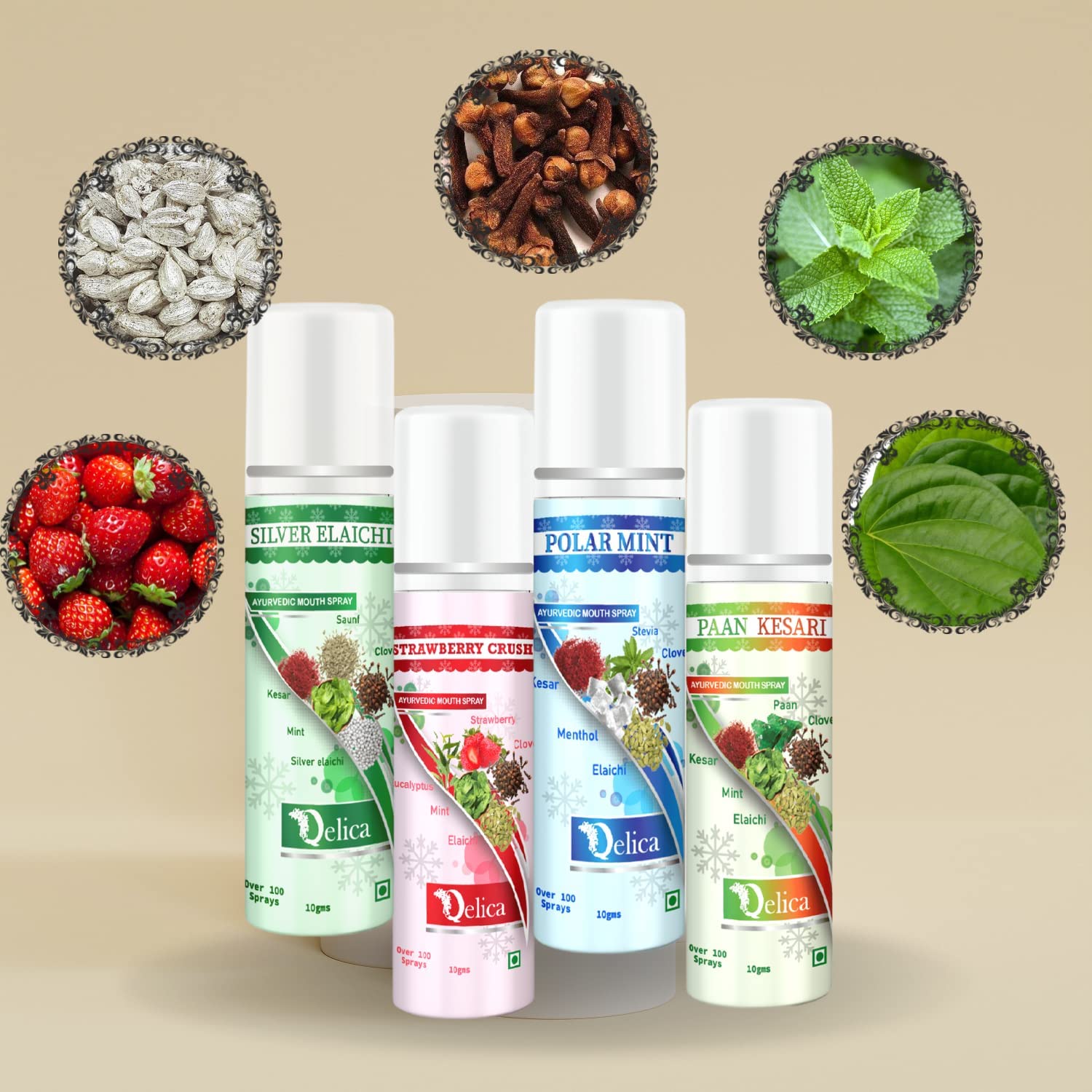 Qelica Ayurvedic Mouth Fresheners Spray - Freshen Breath and Improve Oral Health Naturally (Paan,Polar,Elachi,Strawberry) 1