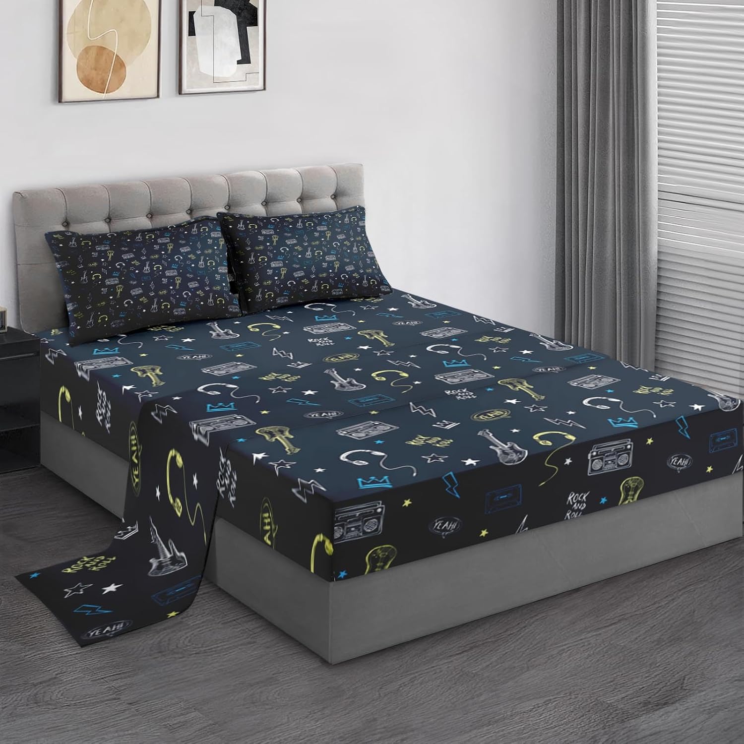 Pamnest Queen Size Bed Sheet Sets, Rock Roll Guitar Retro Microfiber 4 Pcs Bedding Sets for Kids and Adults Bedroom Bed Decor, Vintage Musical Flat Sheet, Fitted Sheet and 2 Pillowcases