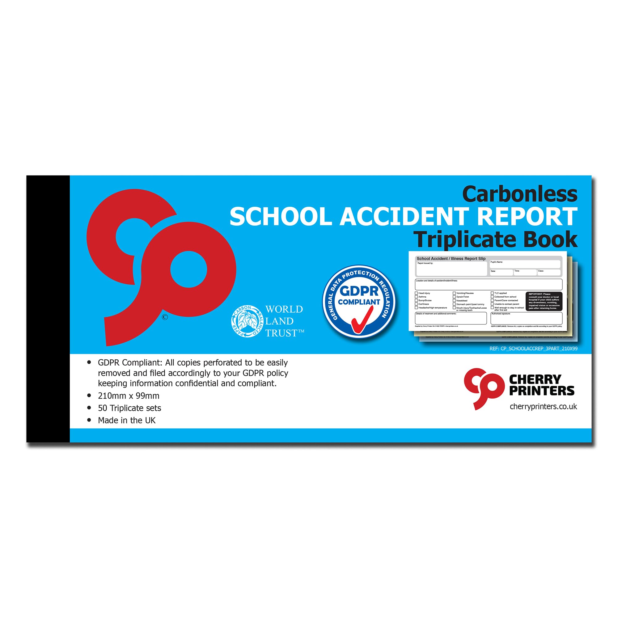 Cherry Printers Carbonless NCR School Accident Report GDPR Triplicate Book 99 x 210mm 50 Sets **10 Pack**