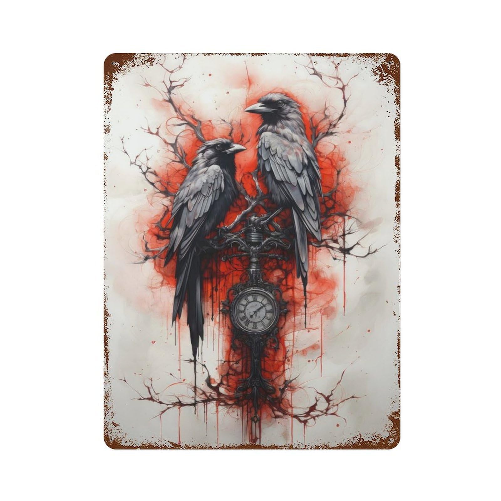 Crow Ravens Ink Rusty Metal Tin Sign 15.7"x11.8", for Basement, Hobby Room And Garage Decor, Retro Wall Decor