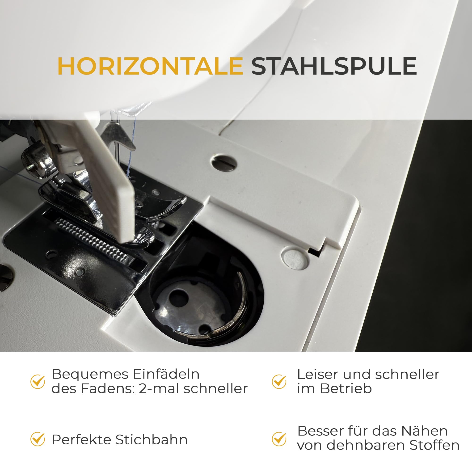 EFFEKTIV Mini-Nähmaschine, kompakt, 15 Stiche, 27 x 30 cm, Metallstruktur, horizontaler Schiff, automatischer Einfädler, für alle Arten von Stoffen, ausziehbarer Tisch