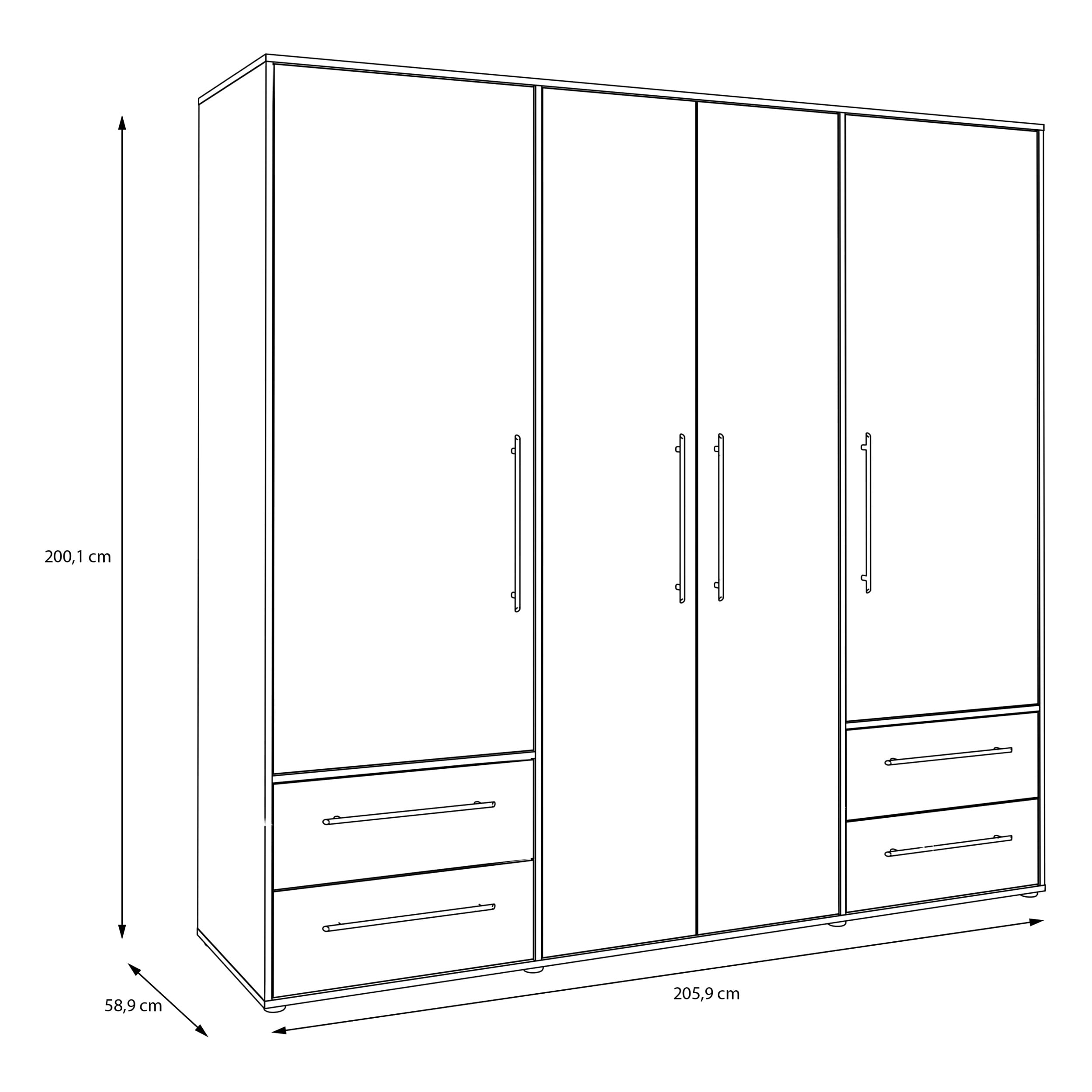 Forte Jupiter 200 210 - Armadio a 4 ante a 4 ante con 4 cassetti, in legno, colore nero opaco, larghezza 205,9 cm, altezza 200,1 cm, profondità 58,8 cm