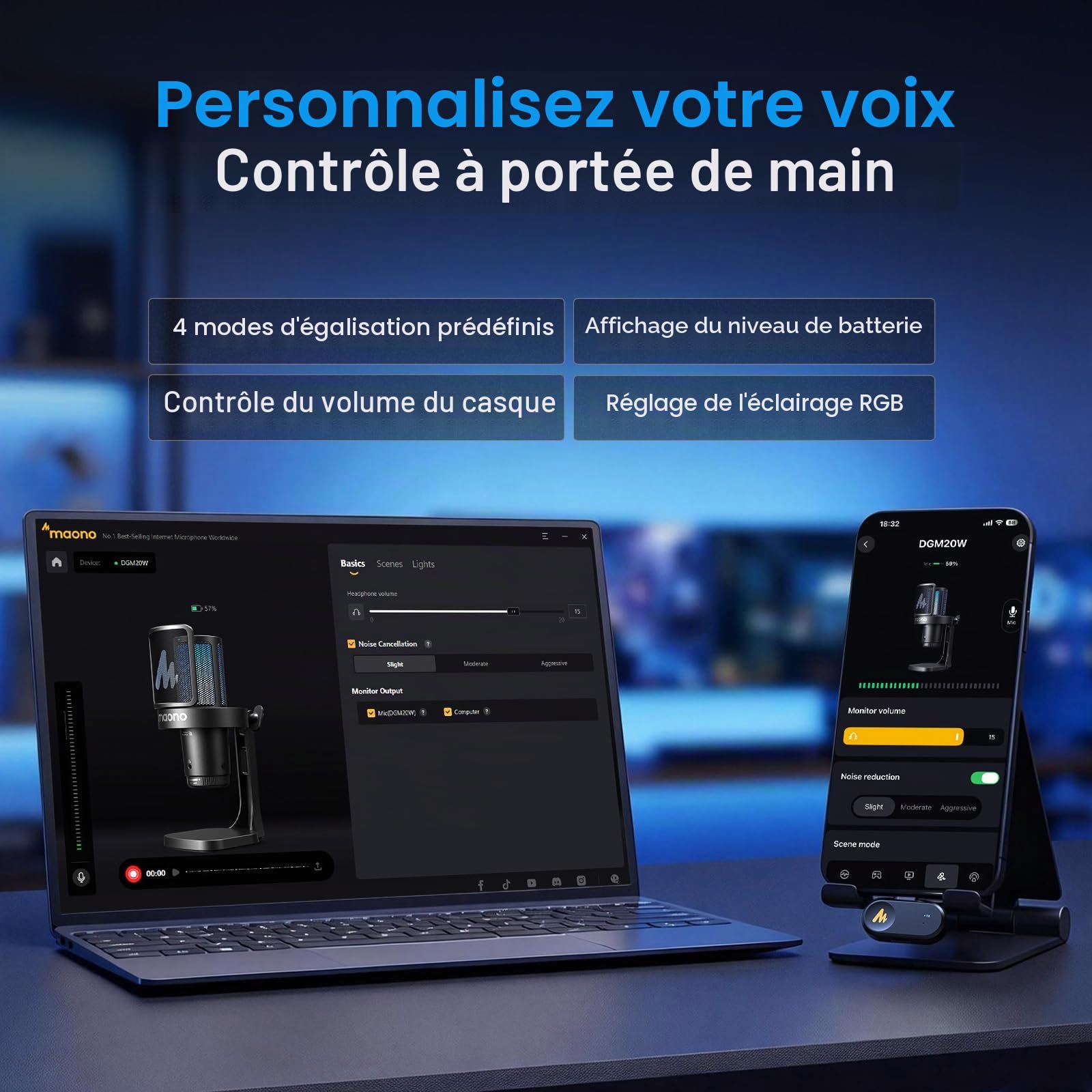 MAONO DGM20W Micro Gaming sans Fil pour PC, Micro USB & 2,4 GHz pour Streaming avec Éclairage RGB, Réduction du Bruit, Logiciel, Tap-to-Mute & Monitoring en Temps Réel pour Gaming, Twitch & Discord