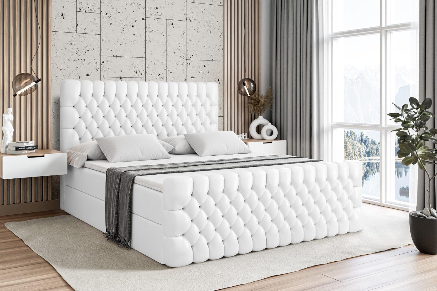 ALTDECOR Boxspringbett mit Matratze und Lattenrost, Boxbett, Topper, Fußteil, Polsterbett mit Bettkasten, Bett mit Stauraum H3-Matratze, Doppelbett, Springboxbett -Serene-Z - 180x200 Weiß Kunstleder