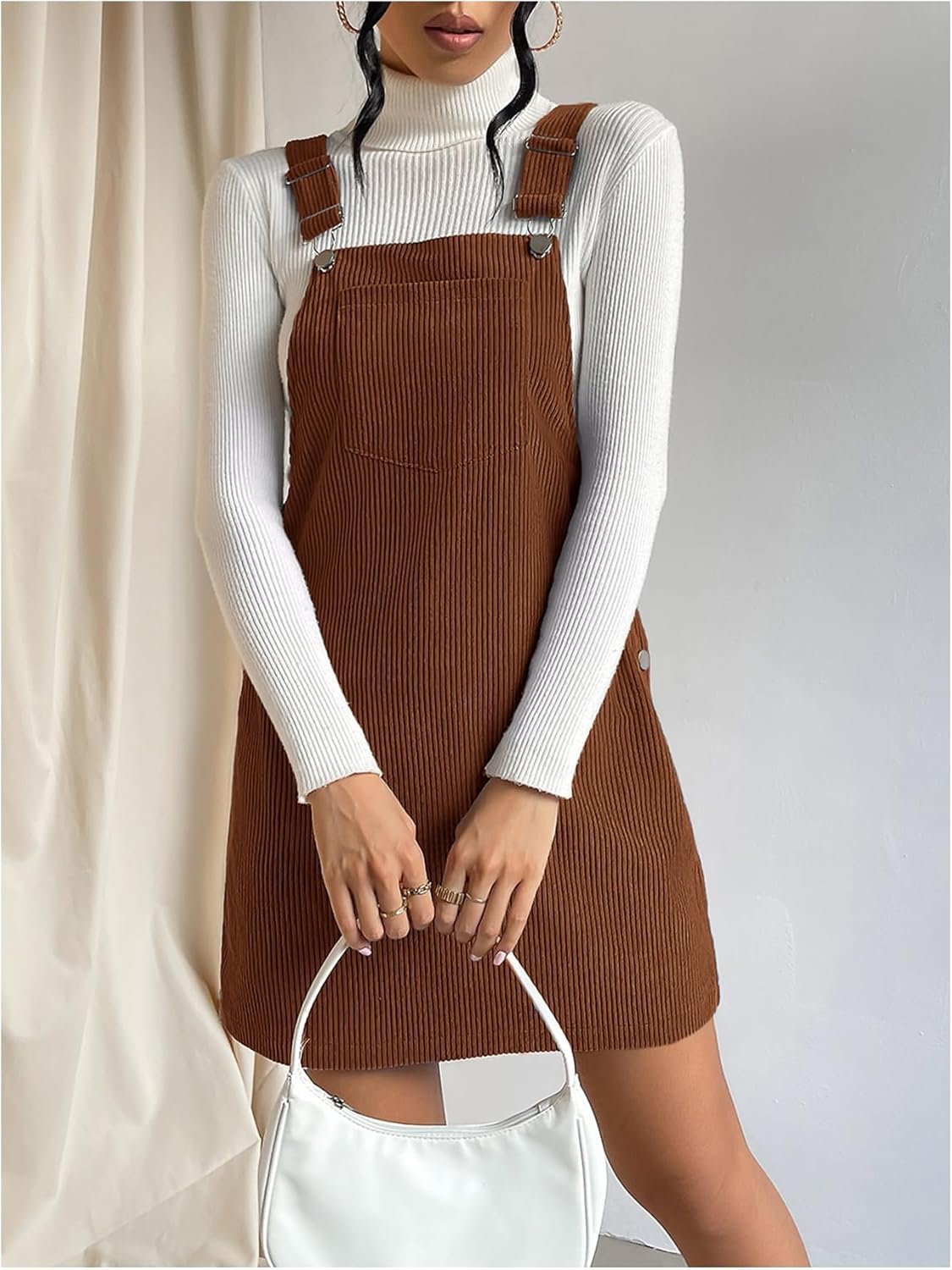 WDIRARA Women's Corduroy Sleeveless Short Pinafore Overall Dress Suspender Dress with Pocket - Image 4