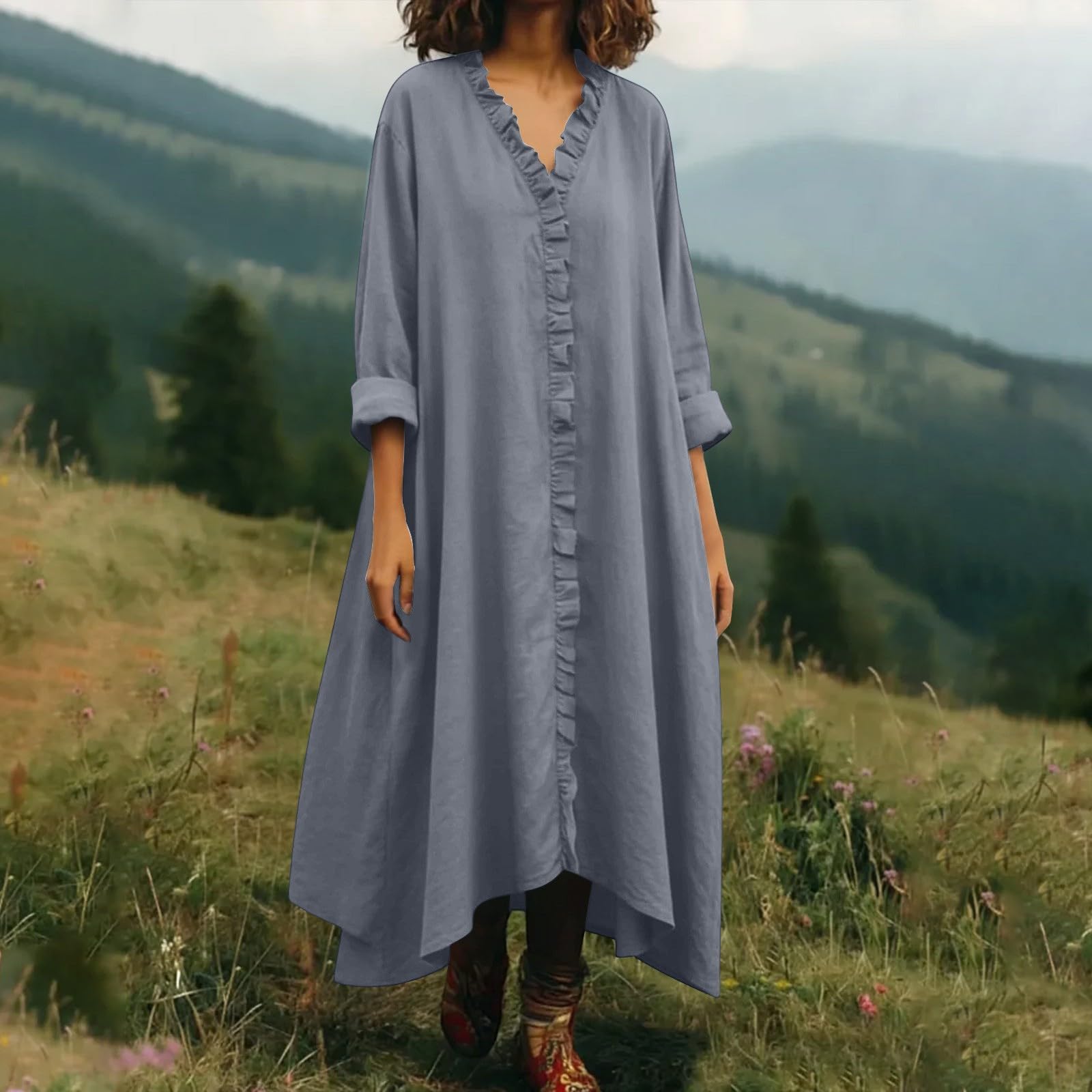 Abiti Estivi Donna Lino Vestito Lungo in Cotone a Maniche a 3/4 Morbido e Traspirante Abiti Mare Casual Tinta Unita Abito Scollo a V Boho Chic Vestiti Larghe e Leggeri Vestiti Baggy da Spiaggia