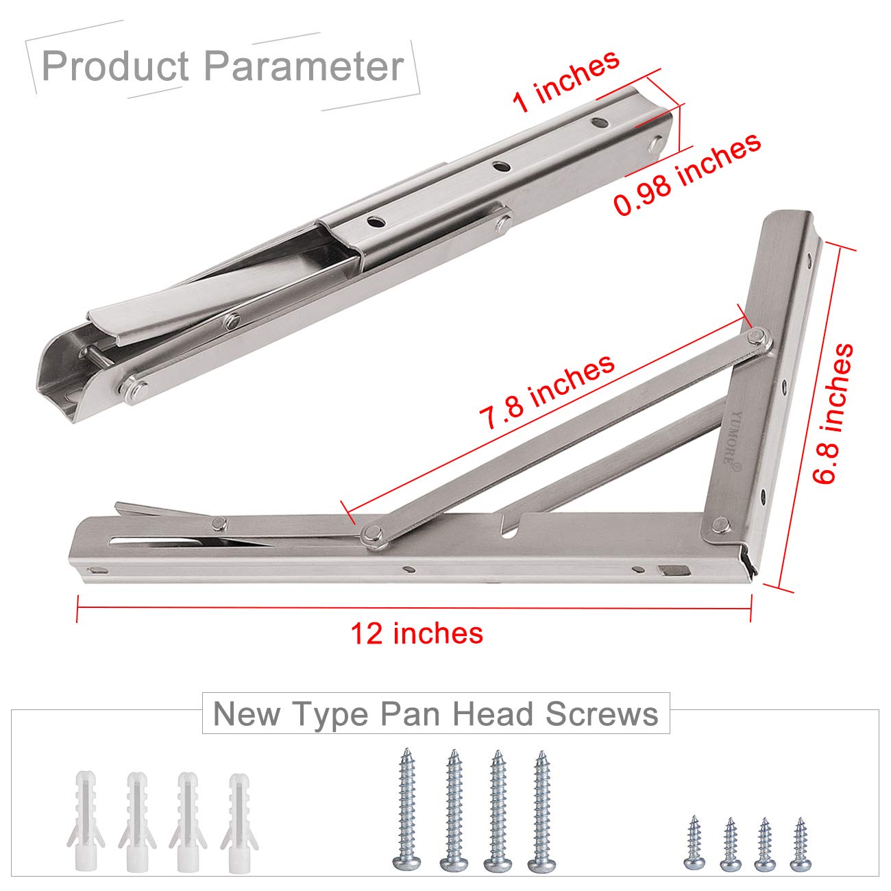 YUMORE Folding Shelf Bracket 12",Heavy Duty Stainless Steel Collapsible