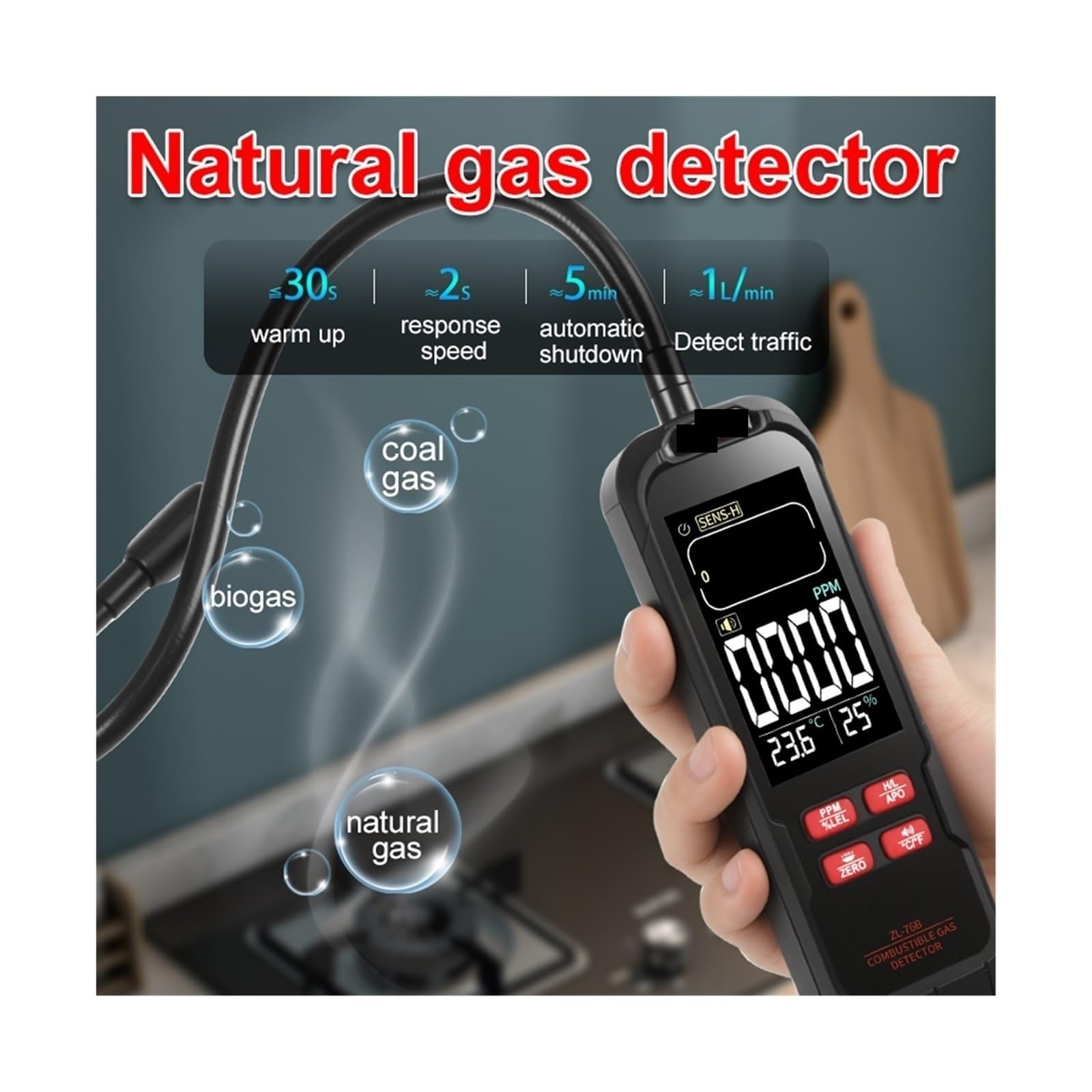 Detector de Gases, Detector de Fugas Gas ZL76B con zumbador y Pantalla LCD, Detector Combustible, analizador Temperatura Humedad, Herramienta Prueba eléctrica(ZL73A Battery)