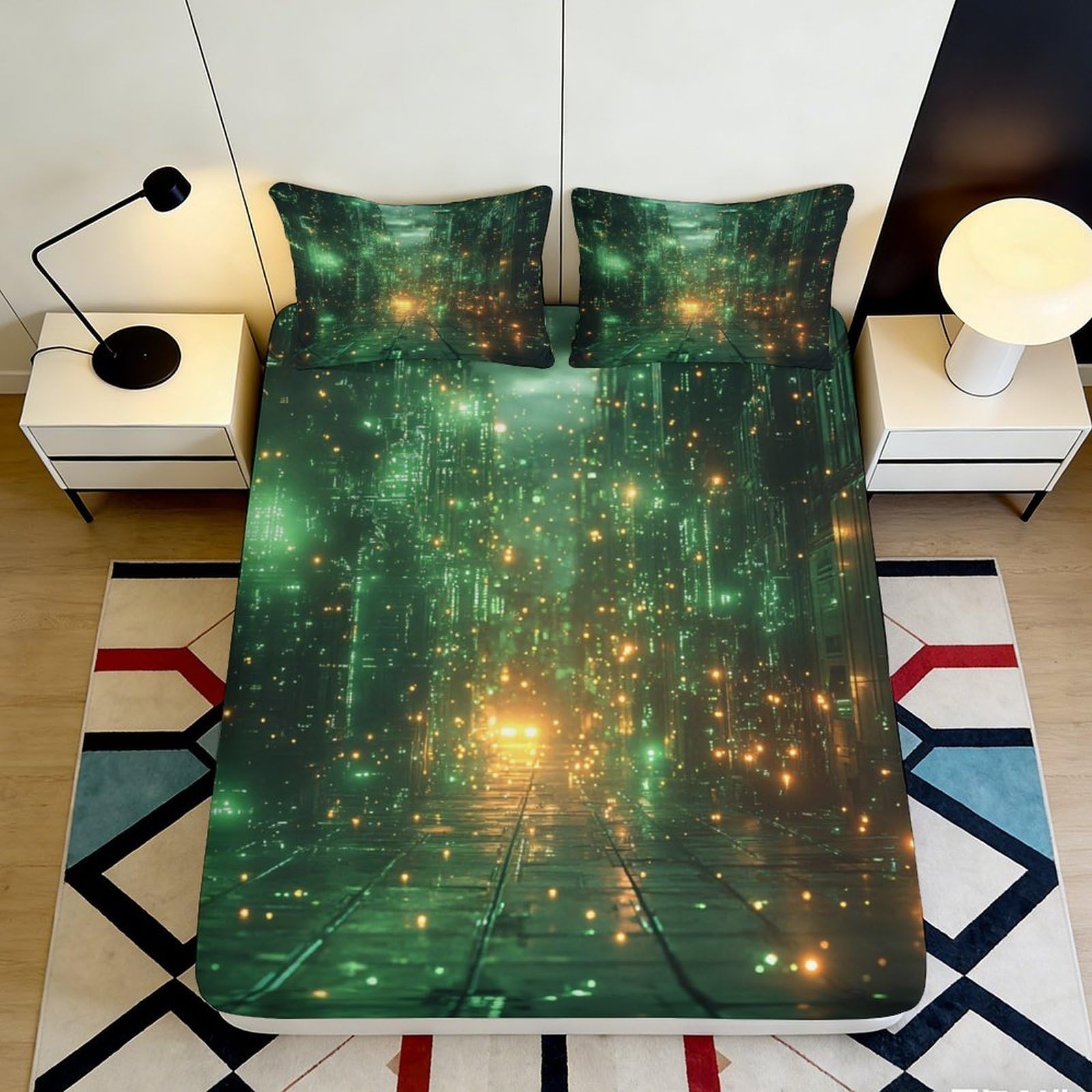 Pnayamiorkfel Style-7 3D Printed Cyber Cityscape Fitted Sheet Microfiber Neon Lights Bed Cover Anti-Slip Washable Bedroom Dorm Decor 90X200x25cm