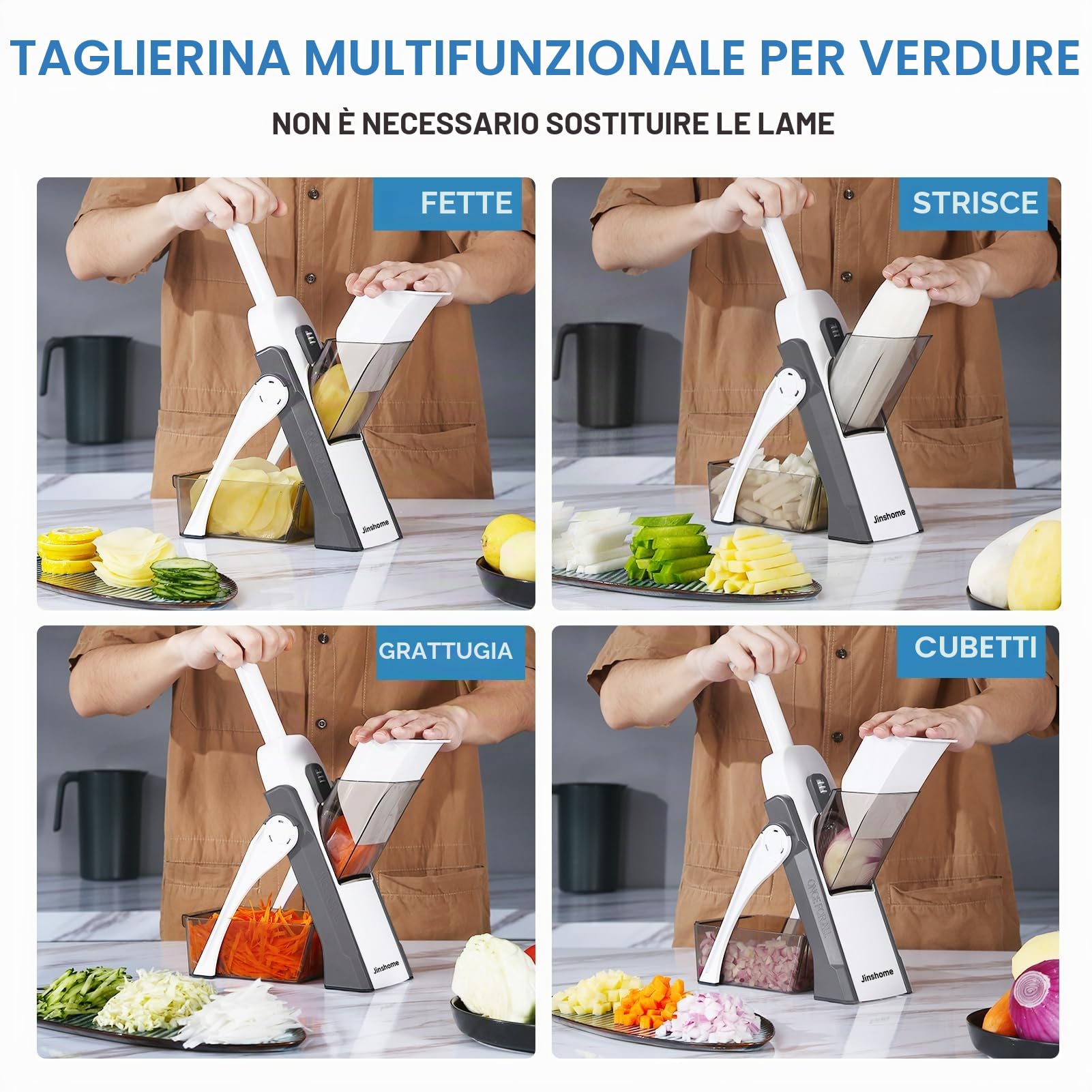 Affettatrice a mandolina sicura e tritaverdure, affettatrice multi patate per cucina, 4 modalità, oltre 100 preset, spessore regolabile, (grigio)