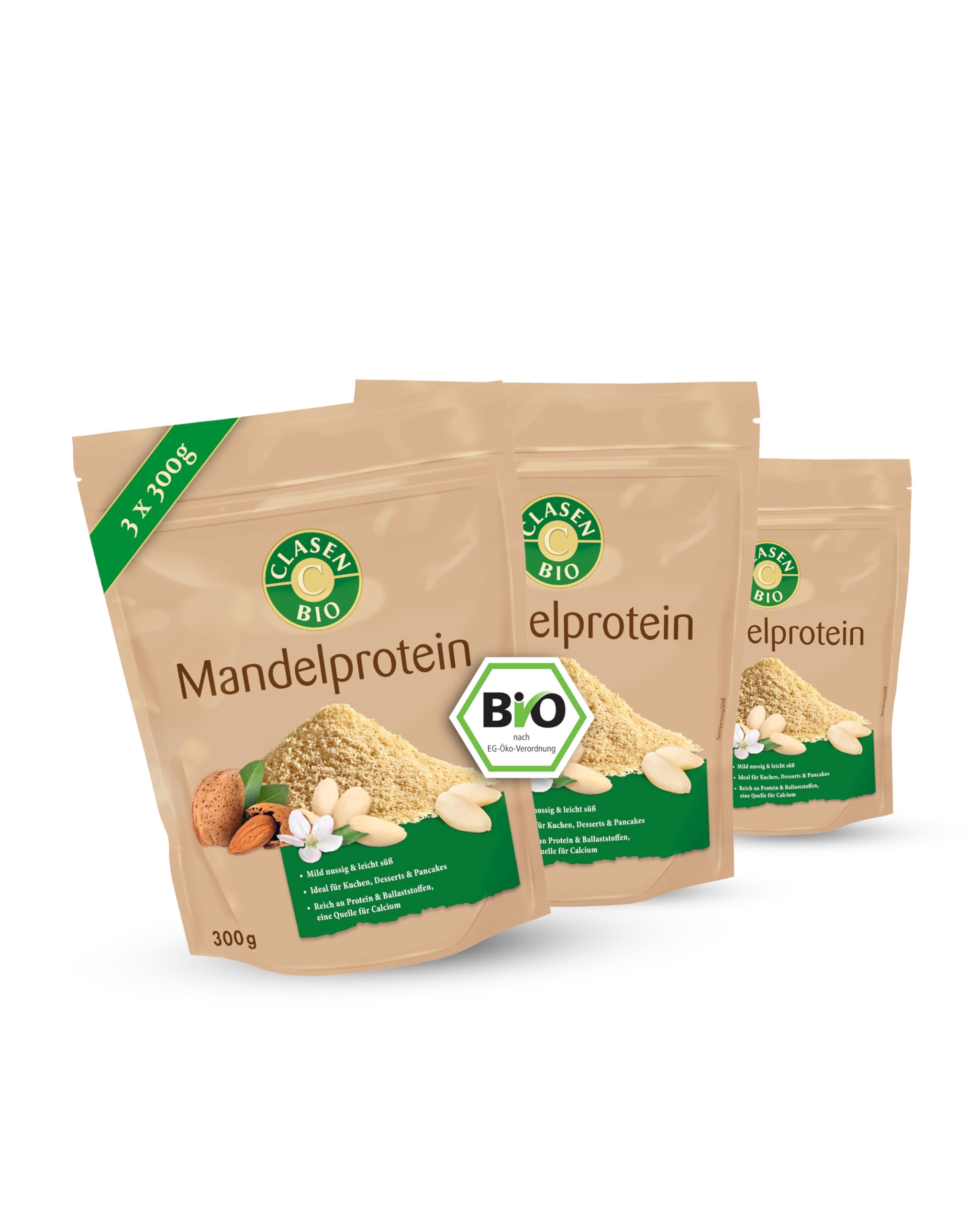 CLASEN BIO Mandelprotein 3x300g Bundle – Mandelmehl teilentölt mild nussig & leicht süß – Low Carb Almond Flour ideal für Kuchen, Desserts & Pancakes – Reich an Protein, Ballaststoffen, Calcium
