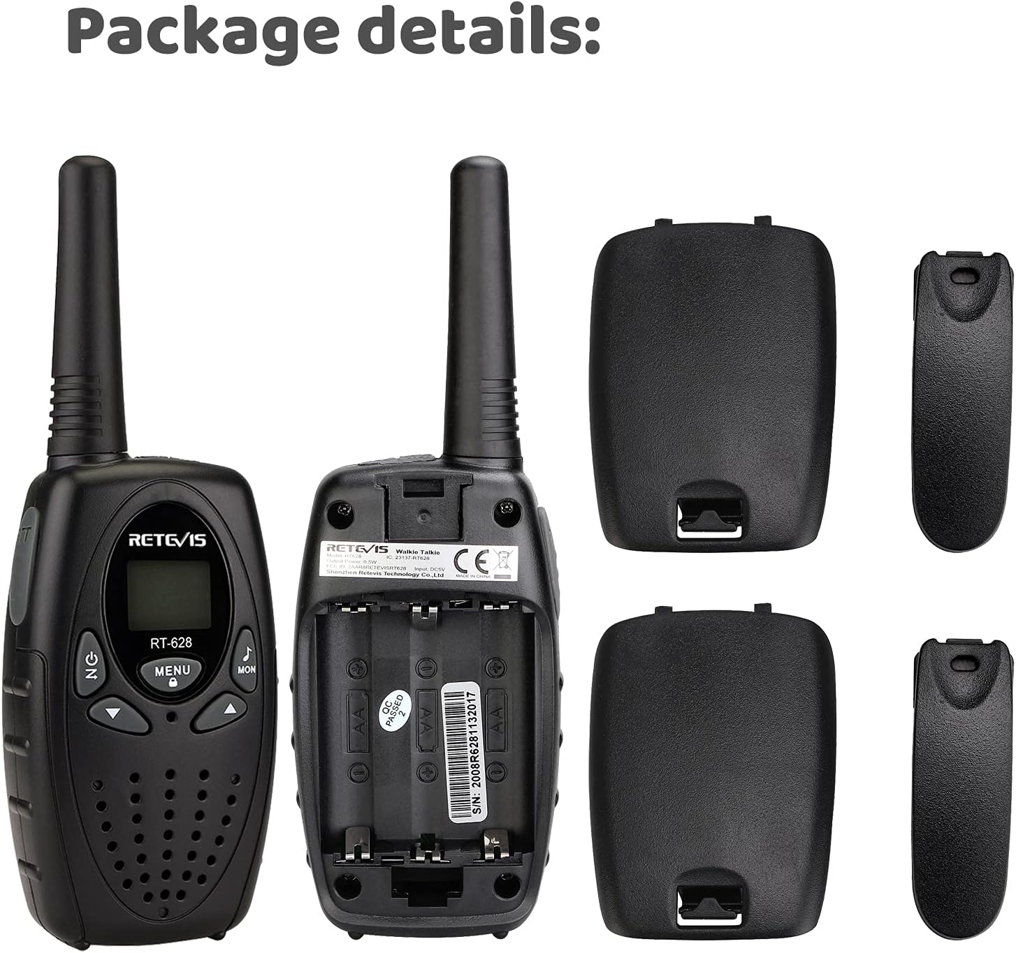 Image showing the package contents of the Retevis RT628 Walkie Talkie, including two walkie talkies, their back view with battery compartments, and separate battery covers.