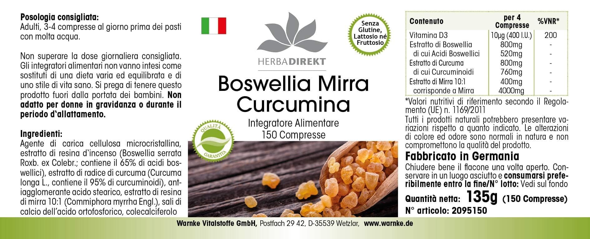 Boswellia Tabletten - mit Myrrhe und Curcumin - 150 Tabletten - mit Vitamin D3 | HERBADIREKT by Warnke Vitalstoffe - Deutsche Apothekenqualität (Packung mit 2)