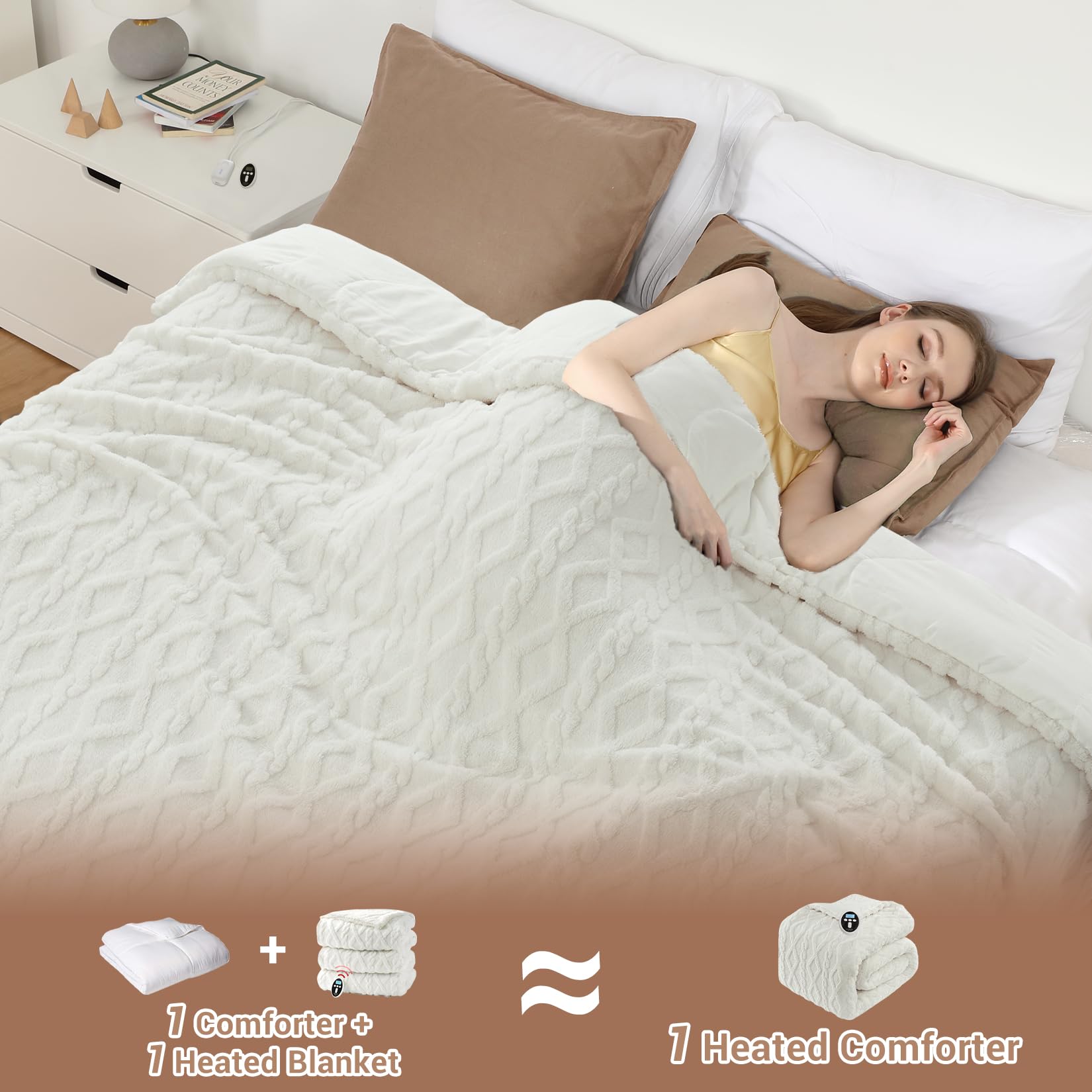 STARBEDIA Heated Comforter Blanket Queen Size with Wireless LCD Controller, Tufted Fast Heating Electric Quilt, 6 Heat Levels & 2-10H Time Settings, UL Certified, White Queen 90