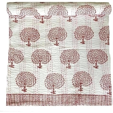 Indian Hand Block Print Kantha Quilt Reversible Bedspread Handmade 100% Cotton Blanket Bedding Bed Cover Throw Vintage Floral Decor 90 X 108 Inch Approx Cover