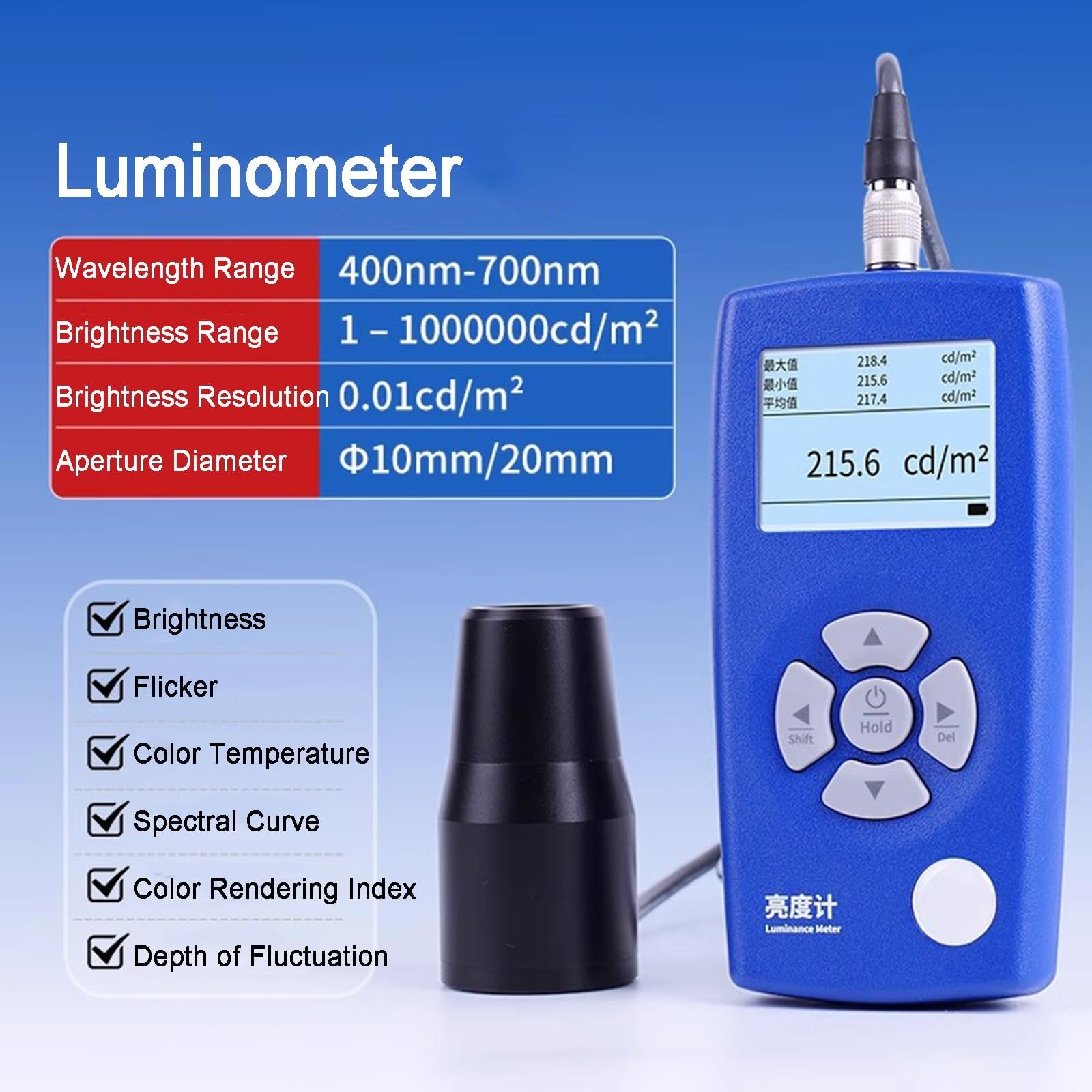 Cyfrowy miernik luminancji z sondami 10/20 mm, zakres 1–1 000 000 Cd/m², analiza widma, detekcja migotania, pomiar Cct/CRI