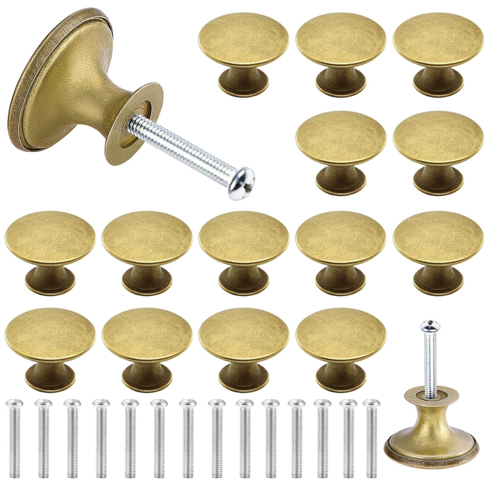 Begpoee 16 Pieces Cabinet Knobs, Furniture Knobs, Drawer Knobs, with Screws, 3 x 2.1 cm, for Bedroom Cabinets and Office Drawers(Yellow Bronze)