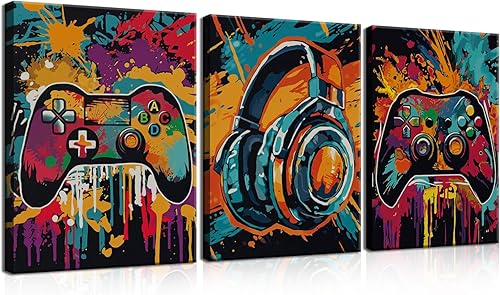 Miniatura 14 de Juego de Arte de Pared para Decoración de Sala de Juegos de 3 Piezas - Decoración de Pared de Control de Videojuegos para Gamers, Póster de Lienzo